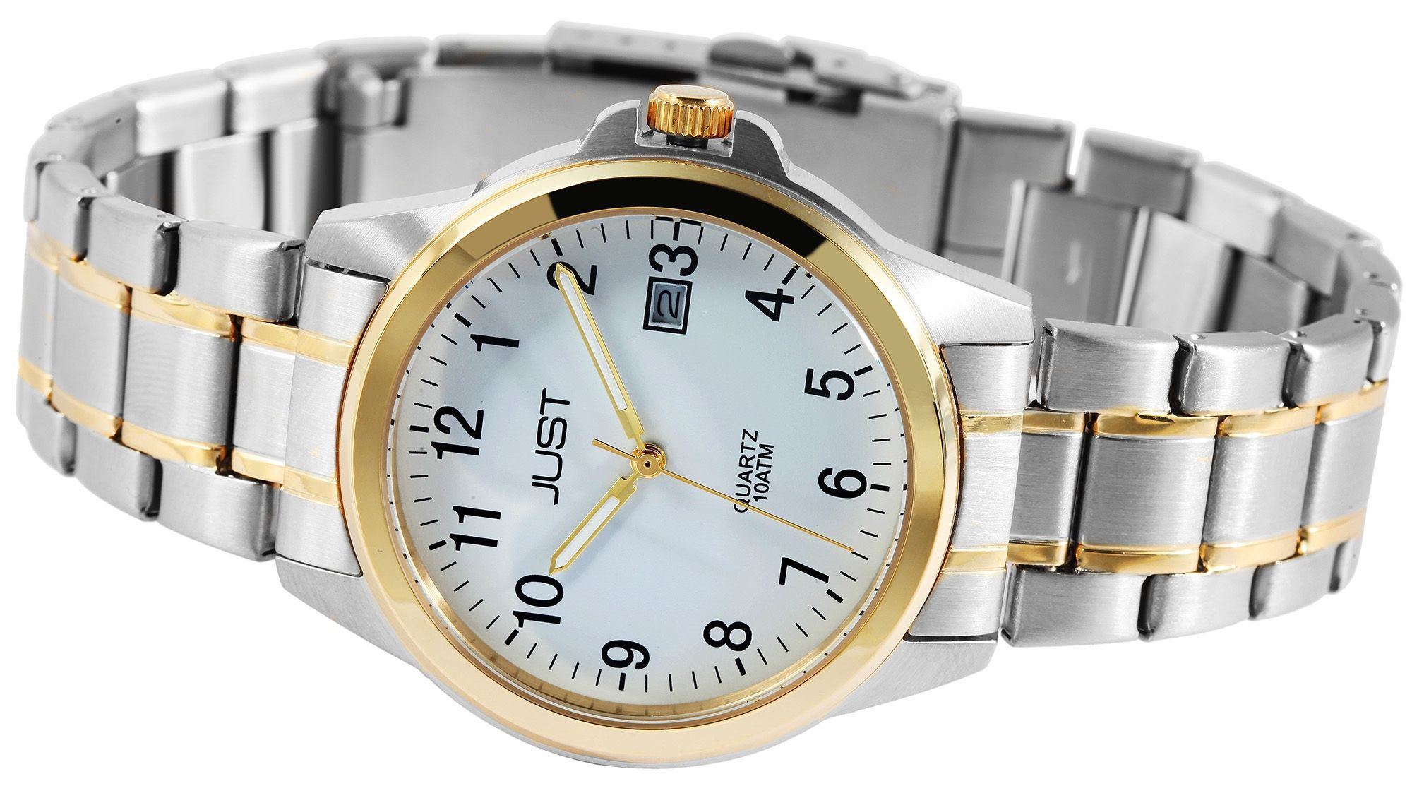 Just "Baroon" Herrenuhr mit Edelstahlband, 3-Zeiger, Datumsanzeige, bicolor, weißes ZB