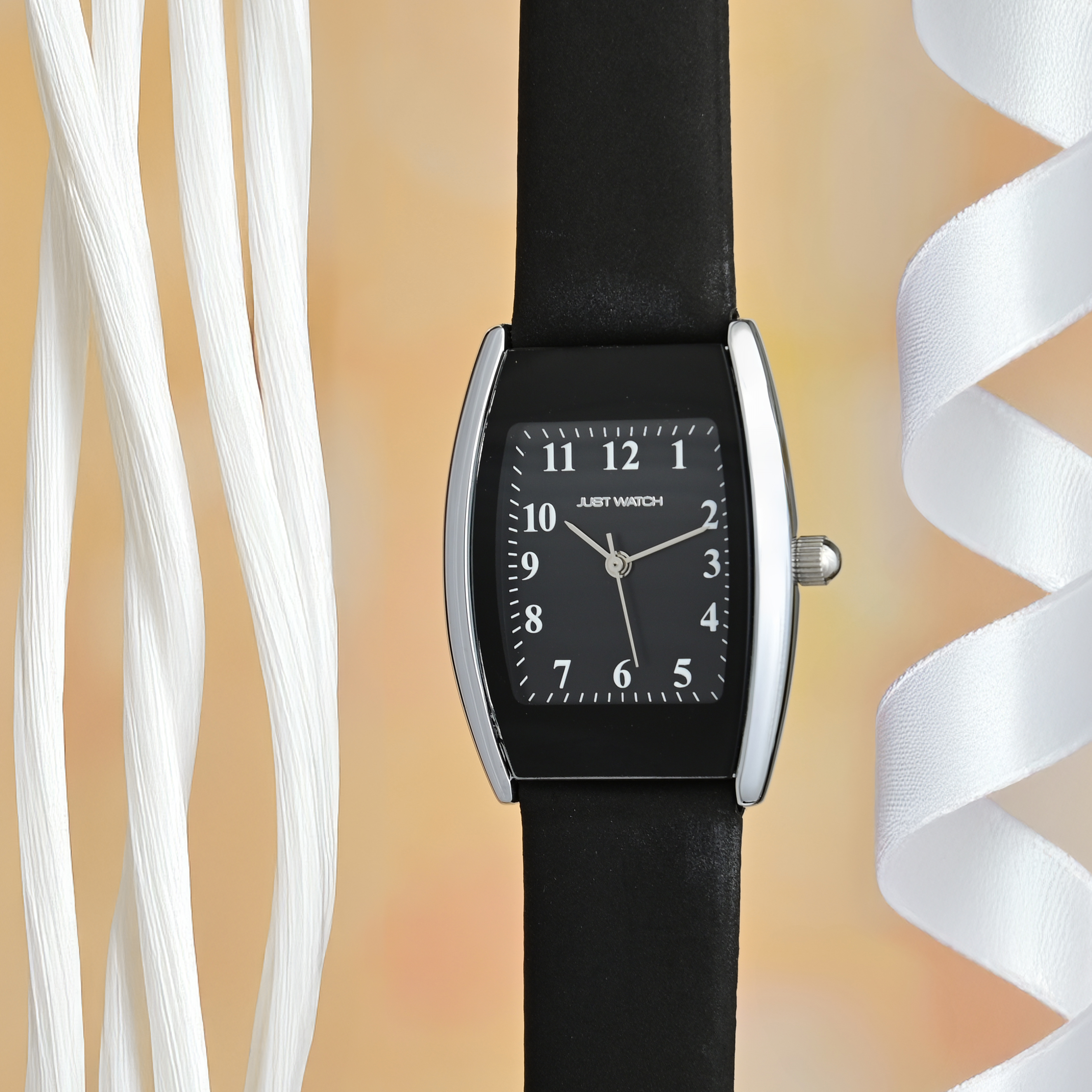 Just Watch Damenuhr mit Echtlederarmband, Tonneau, schwarz/silberfarben