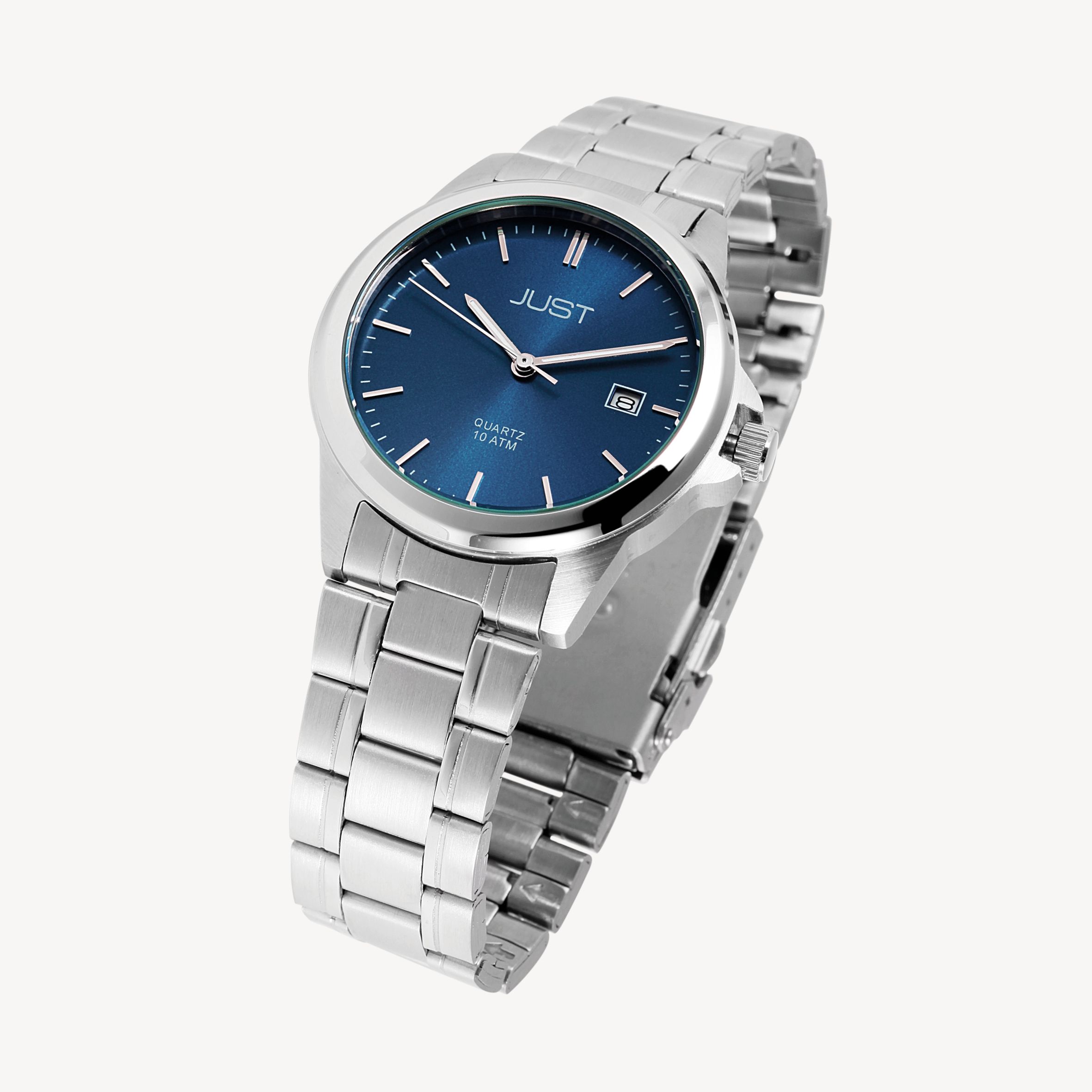 Just "Baroon" Herrenuhr mit Edelstahlband, 3-Zeiger, Datumsanzeige, silberfarben, petrolfarbenes ZB