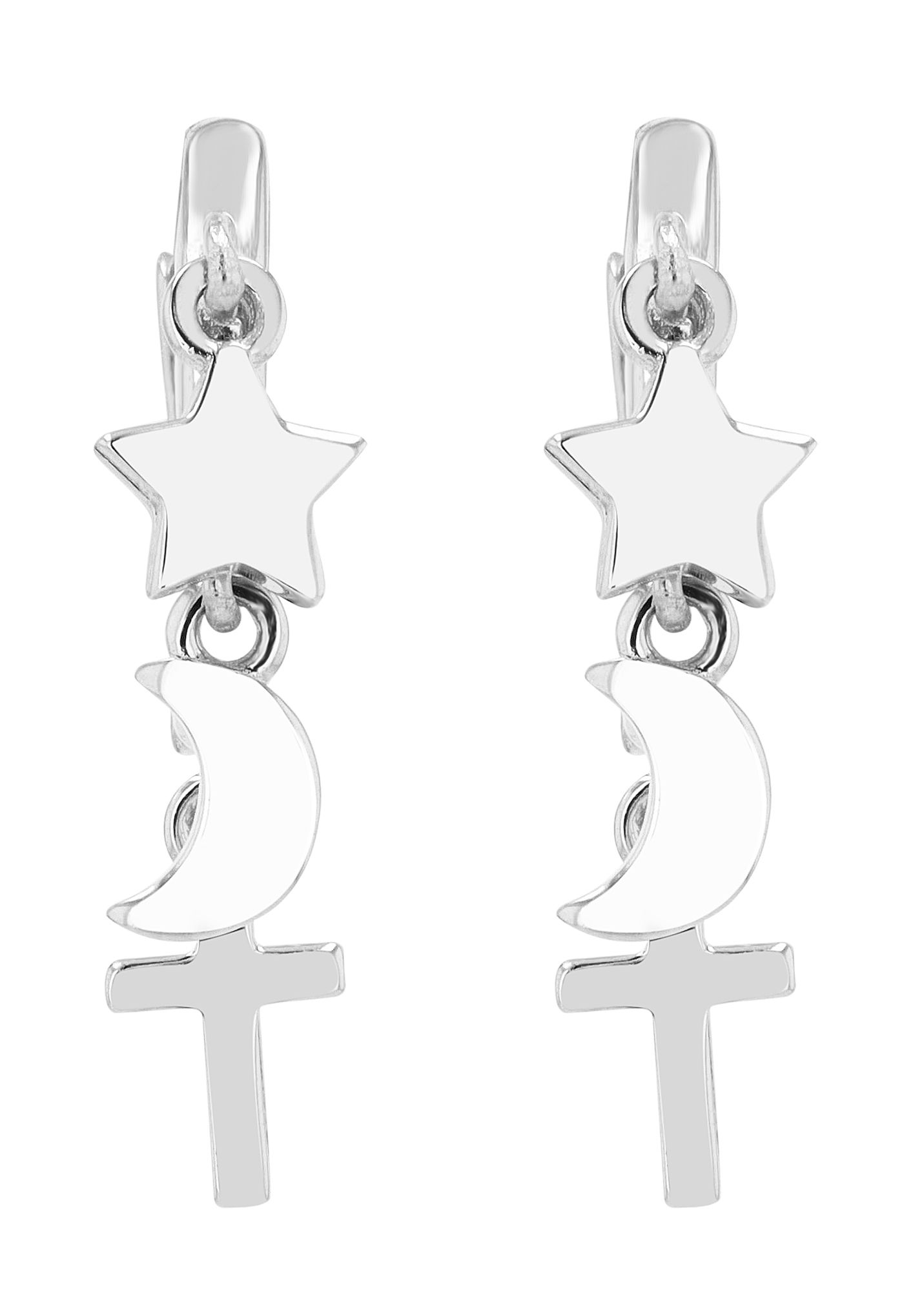 "Mignon - 925/- Echt Silber Creole (8 mm) mit Anhänger - Stern/ Mond/ Kreuz, rhodiniert