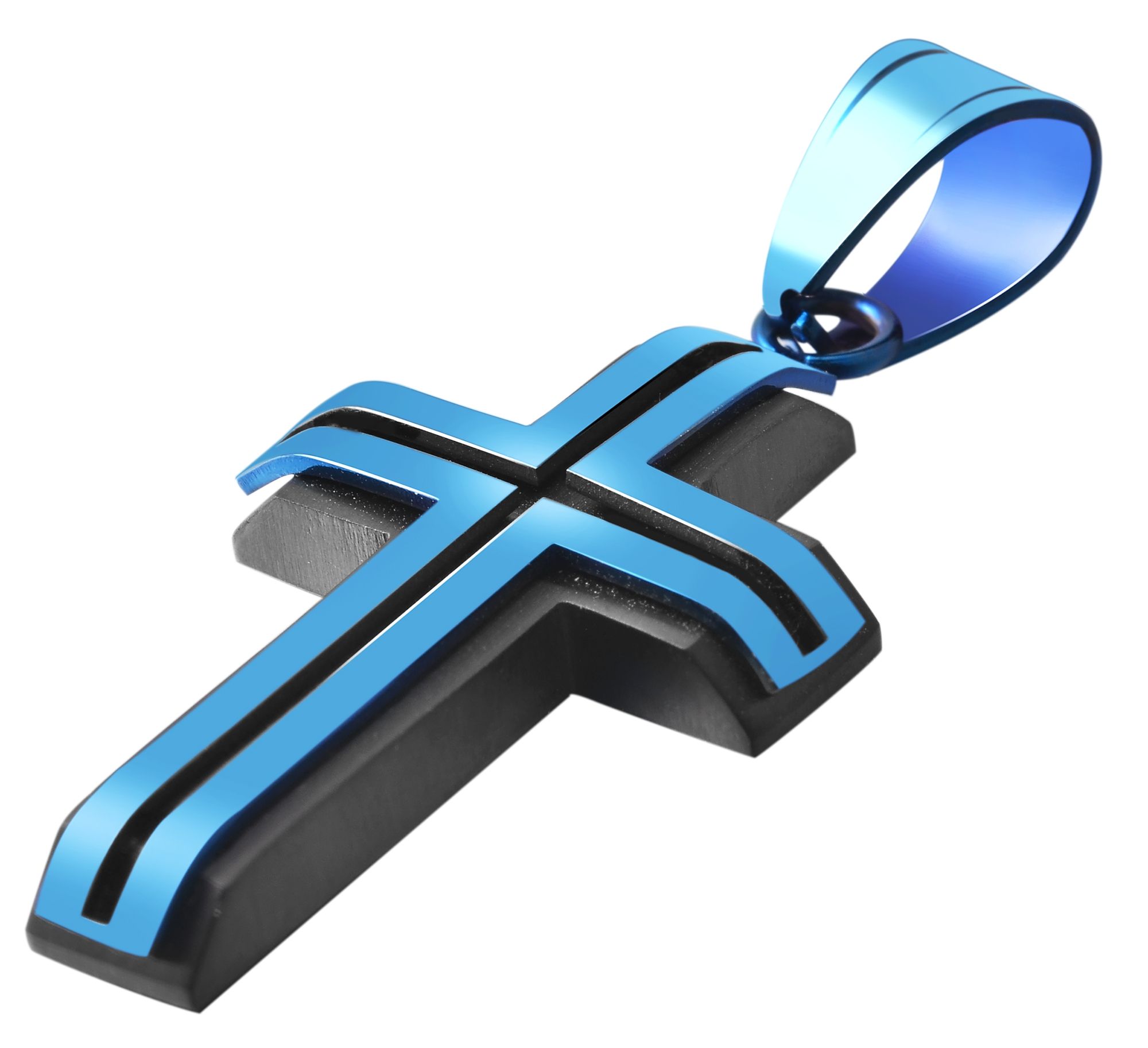 "Cano" Akzent Edelstahlanhänger, Kreuz, Ionenplattiert, schwarz/blau