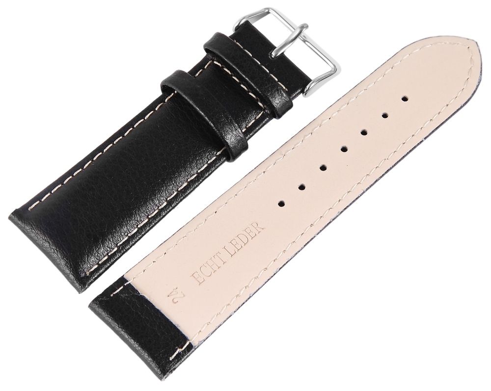 Echtleder Uhrenarmband, Edelstahl Dornschließe, schwarz mit weißer Naht, 24 mm