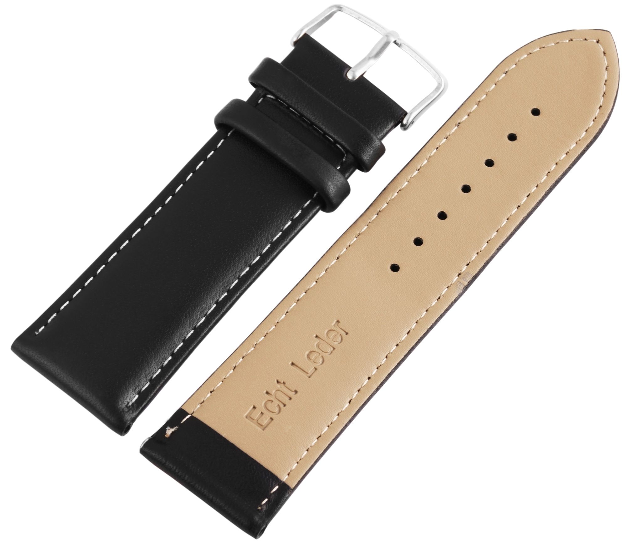 Echtleder-Uhrenarmband, schwarz, weiße Naht, 26 mm