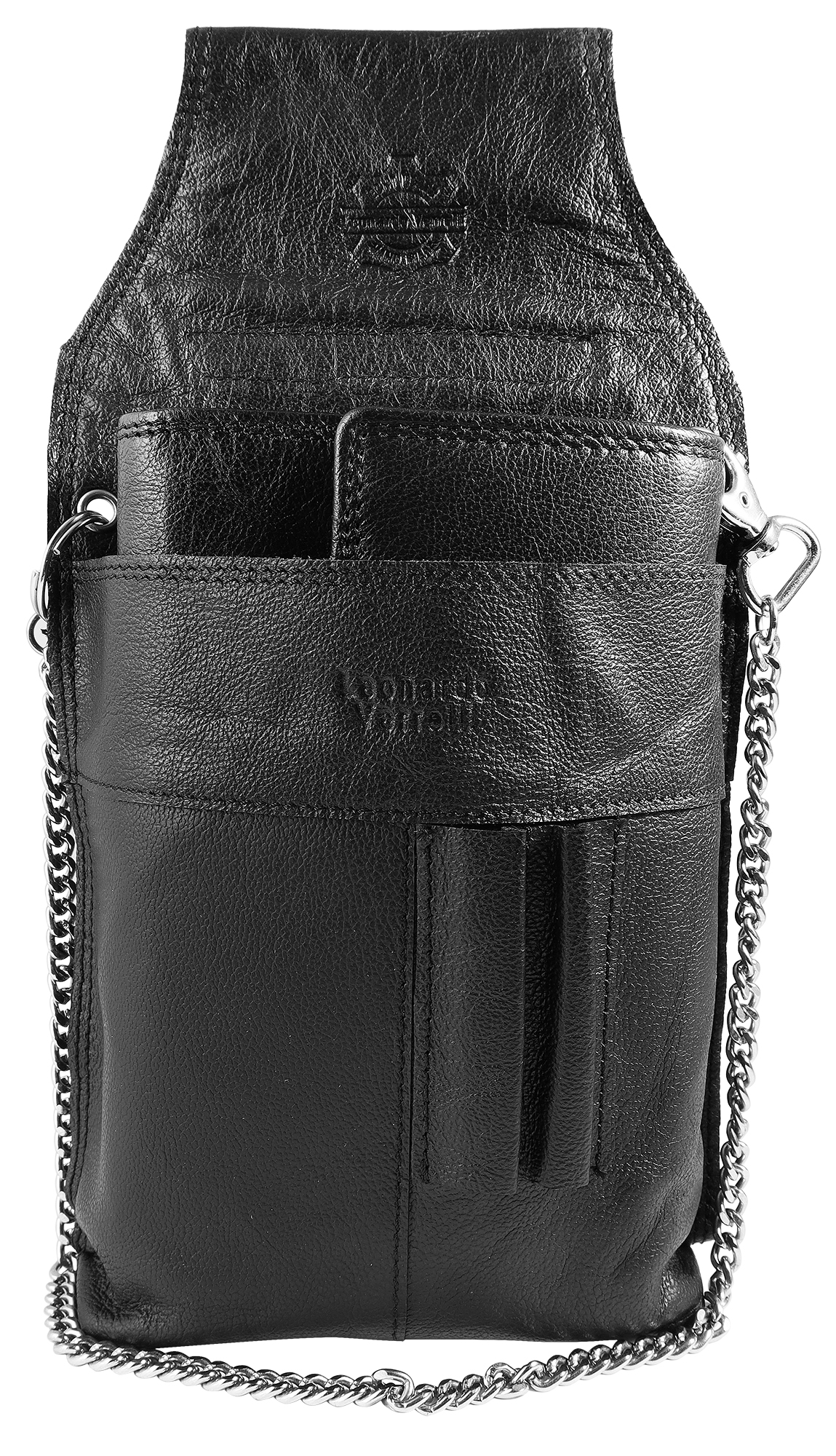 Leonardo Verrelli, Echtleder Kellner-Geldbörse, mit Tasche u. Kette, Tuck Lock Verschluss, schwarz