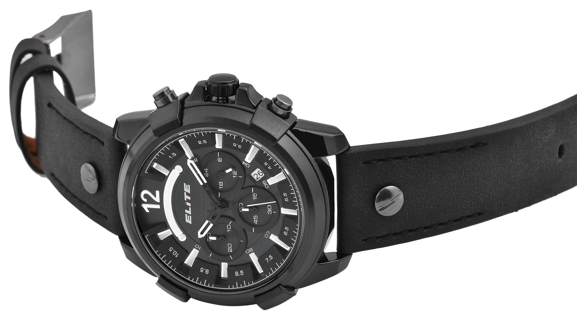 Elite Herren Chronograph mit Lederimitationsband, 3ATM, Schwarz