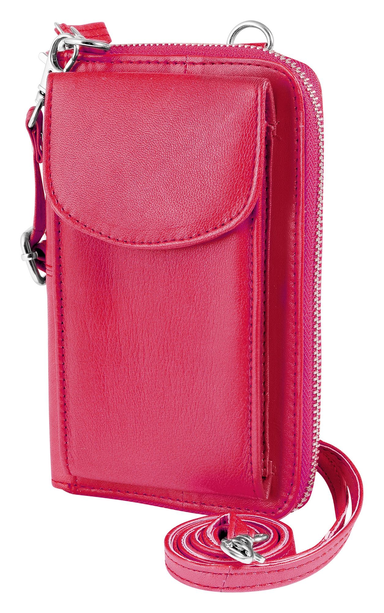 Akzent Handyumhängetasche mit Geldbörse aus Echtleder, geeignet für iPhone 15, hot pink