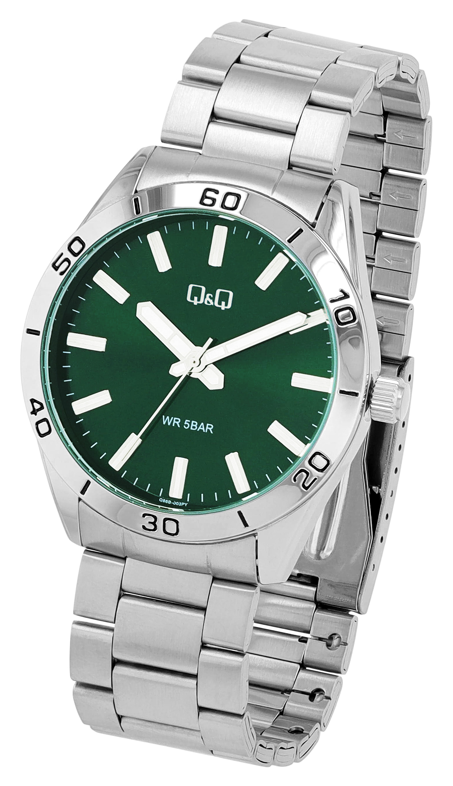 Q&Q Herrenuhr mit Edelstahlband, Ø 43 mm, silberfarben/ grün