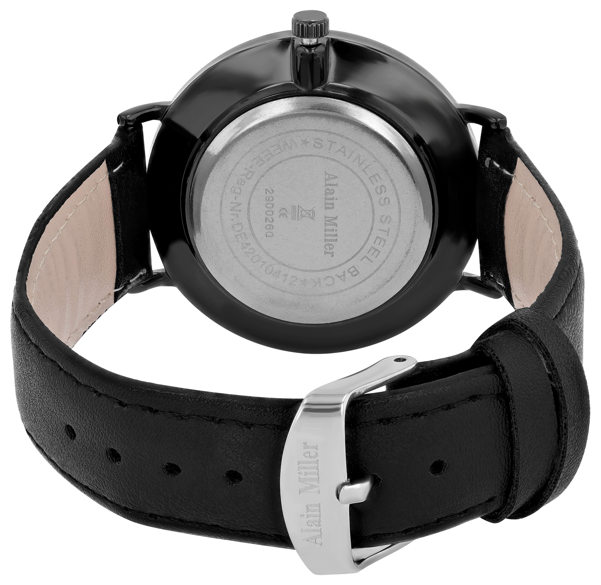 Alain Miller, Herrenuhr, Metall/Edelstahl, Lederimitatband, schwarz/weiß, Ø 42 mm