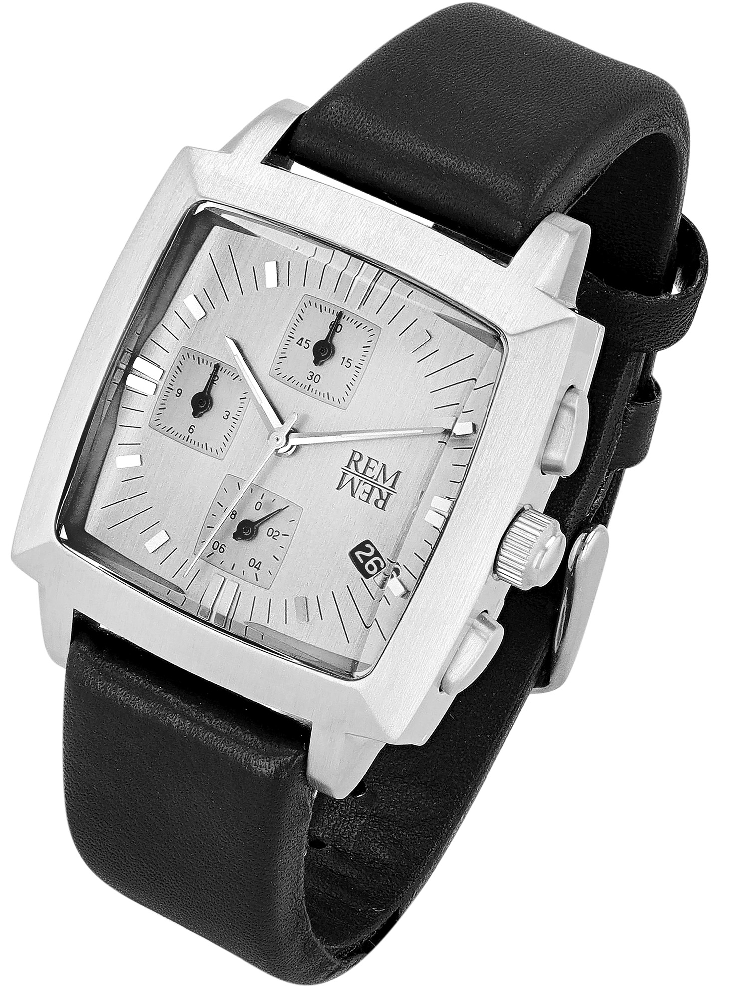 REMREM Herren-Chronograph - Tonneau-Uhr, Echtleder/ Edelstahl 316L