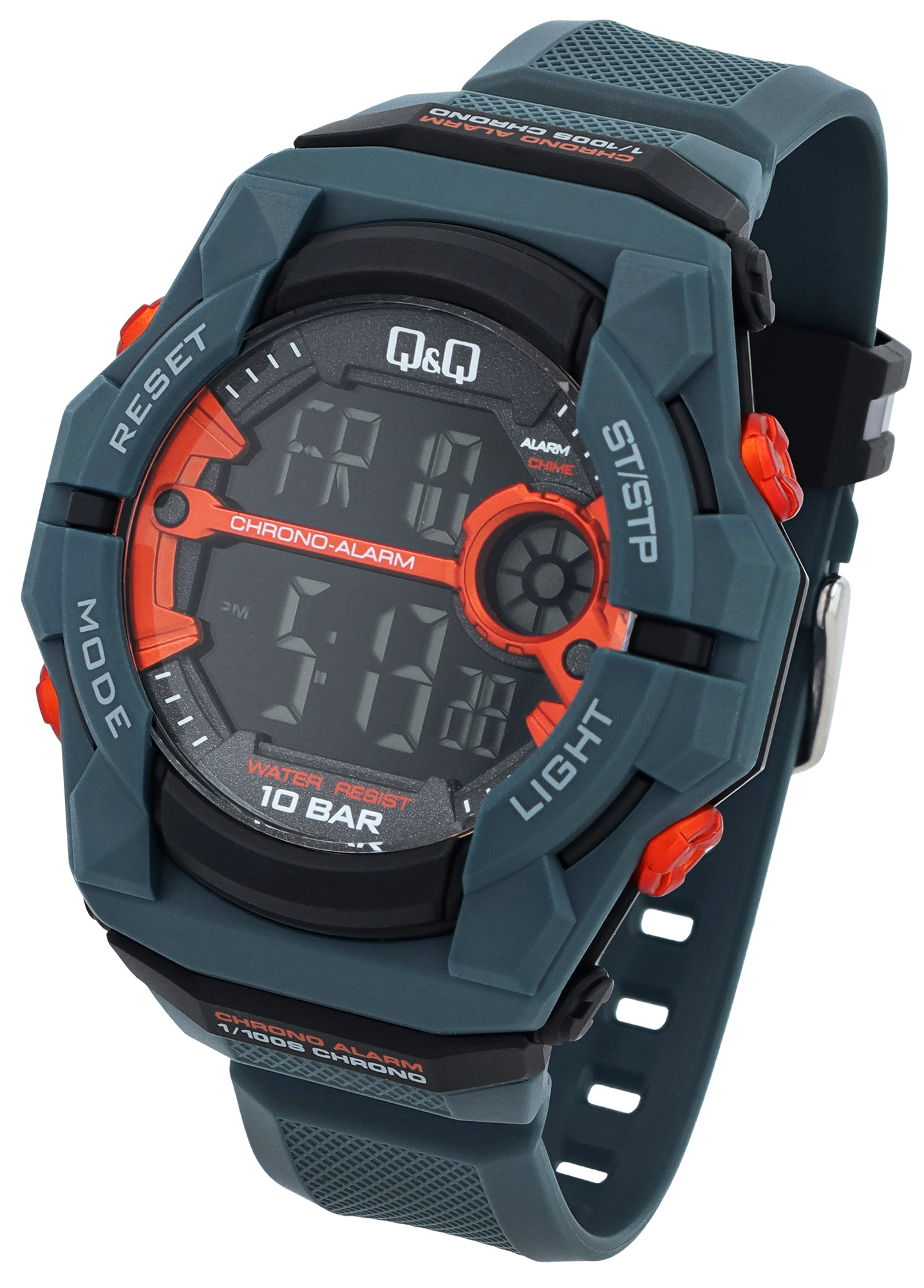Q&Q Digitaluhr für Herren Ø 50 mm, Resinband, blau (orangene Details)