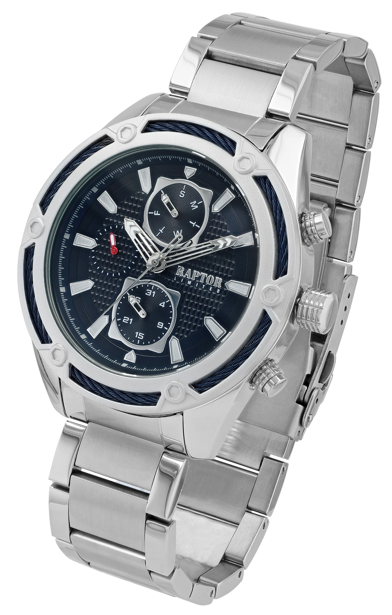 Raptor Limited Herrenuhr "Maher" mit Edelstahlarmband und Multifunktionsanzeige, silberfarben/schwarz