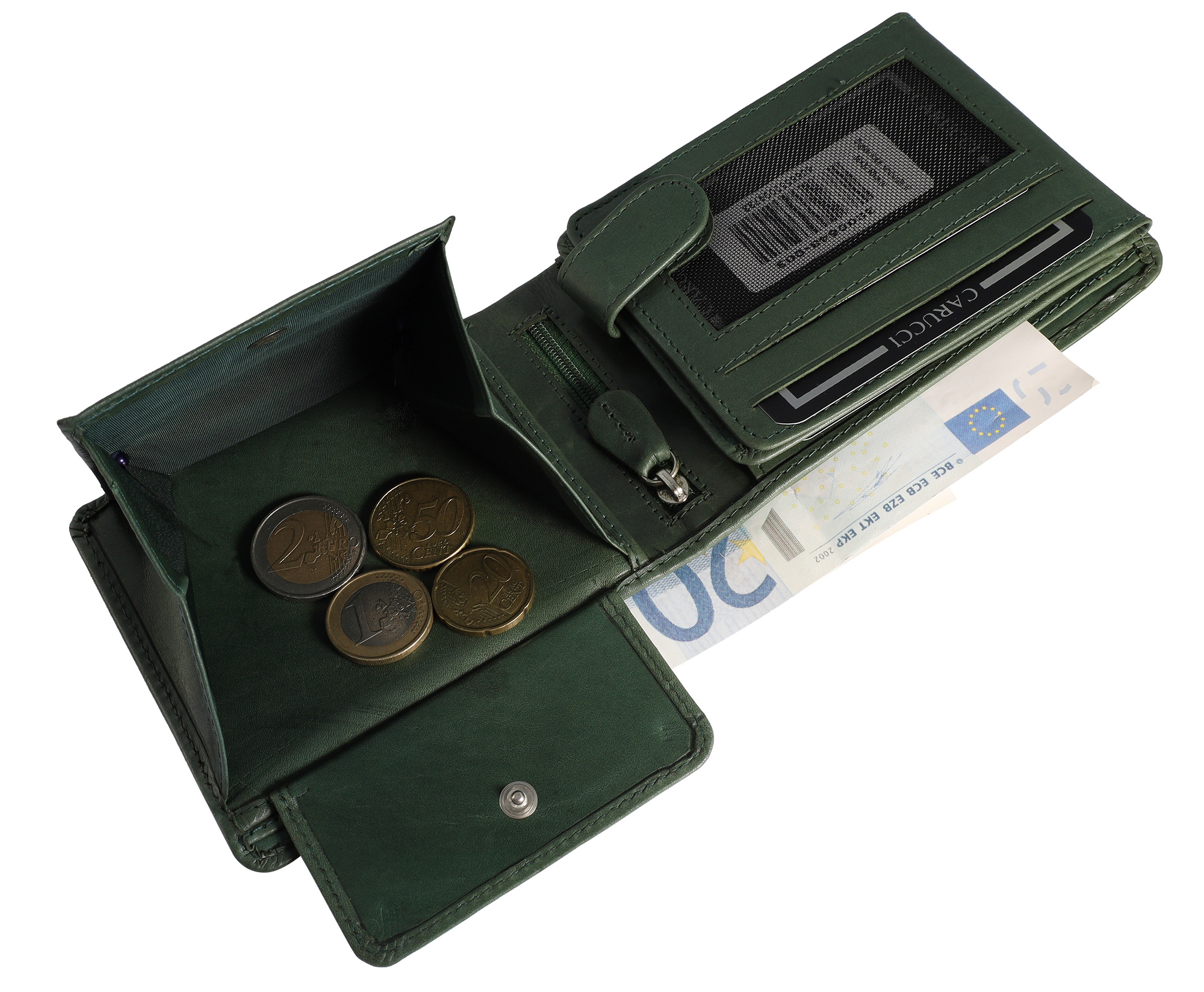 Carucci Echtleder (Cow Veg VT) Geldbörse mit Box, RFID, Querformat, grün
