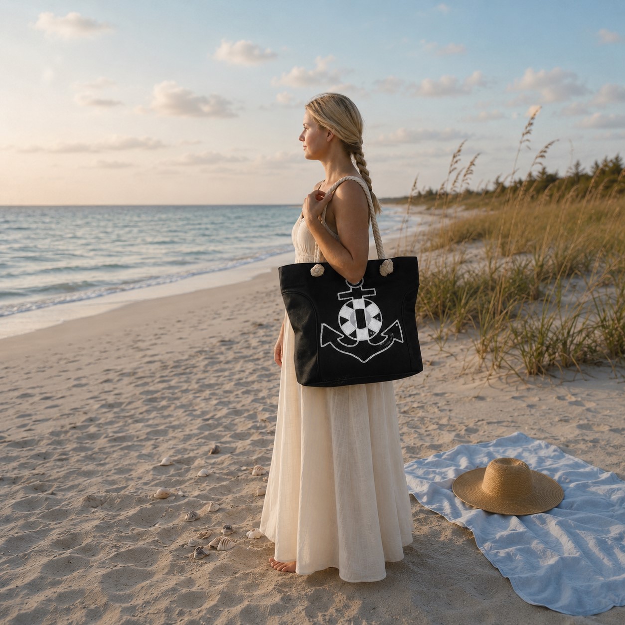 Strandtasche aus Nylon, Ankermotiv aus Pailletten, schwarz