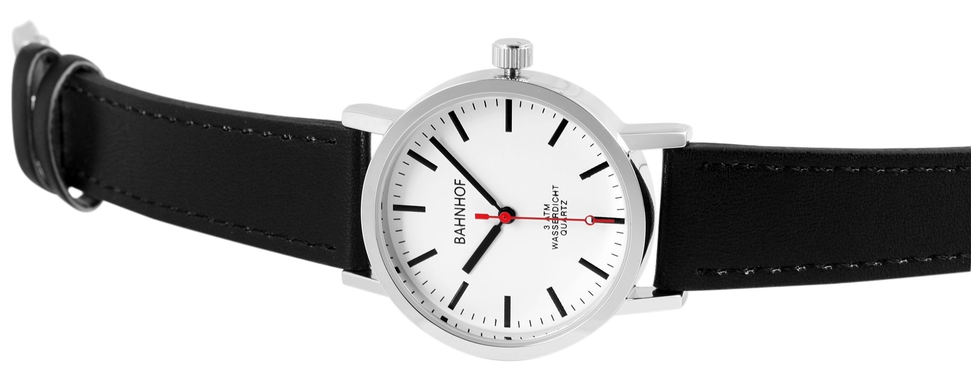 Bahnhof Herrenuhr Ø 35 mm, Lederimitationsarmband, schwarz/ silberfarben/ weiß