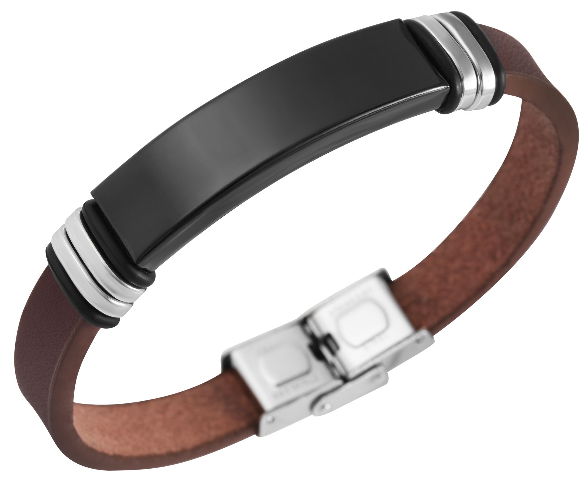 "Jonah" Echtlederarmband mit Edelstahl Gravurplatte, 22 cm, braun/schwarz