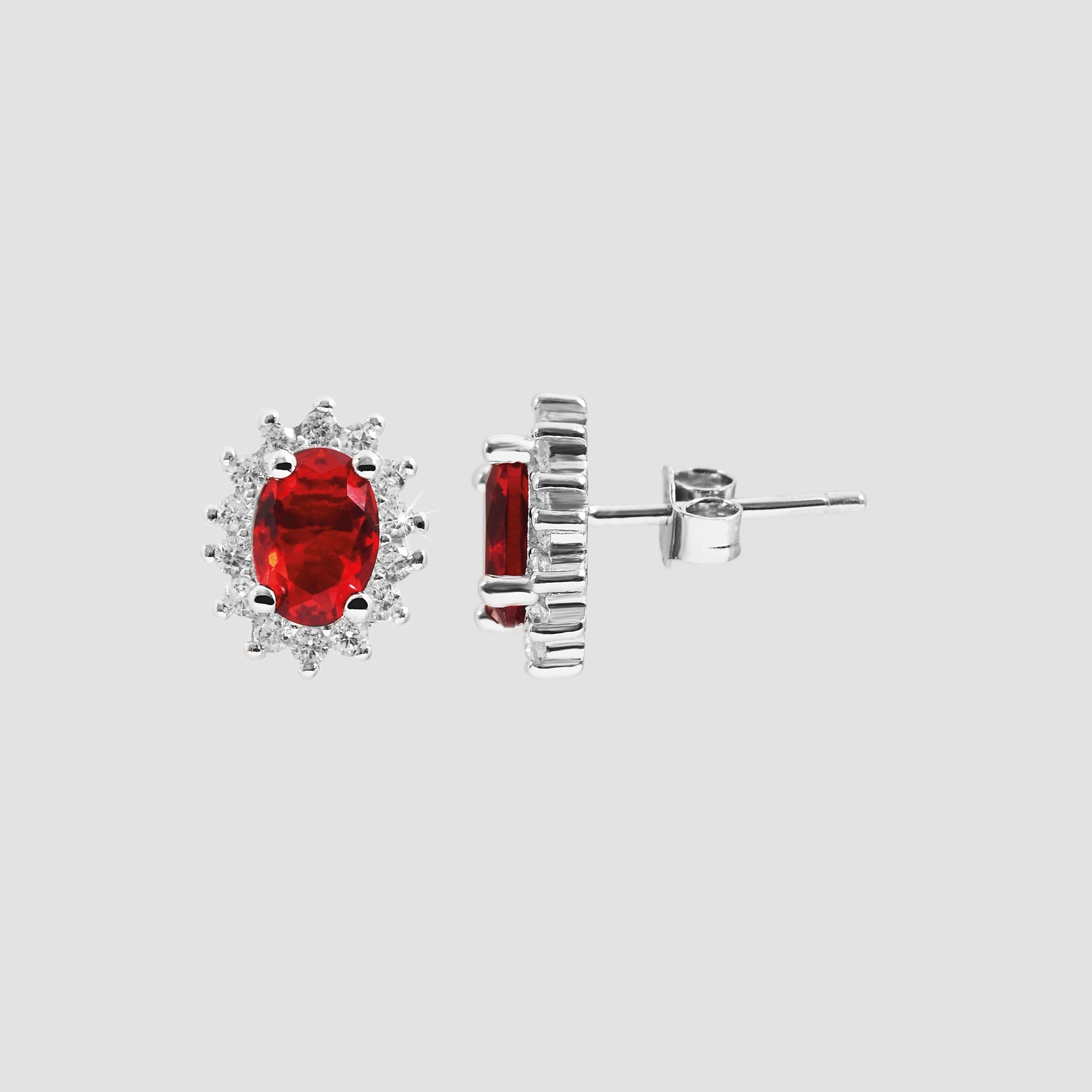 "Diana" 925/- Echt Silber Ohrstecker - Entourage-Stil, Zirkonia rot, rhodiniert