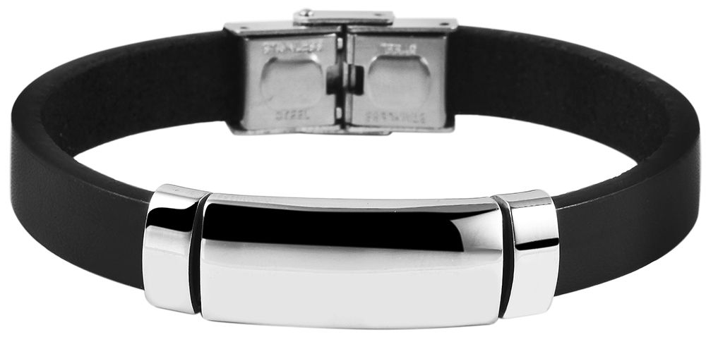 "Lincoln" Echtlederarmband mit Gravurplatte, 21 cm, schwarz/silberfarben