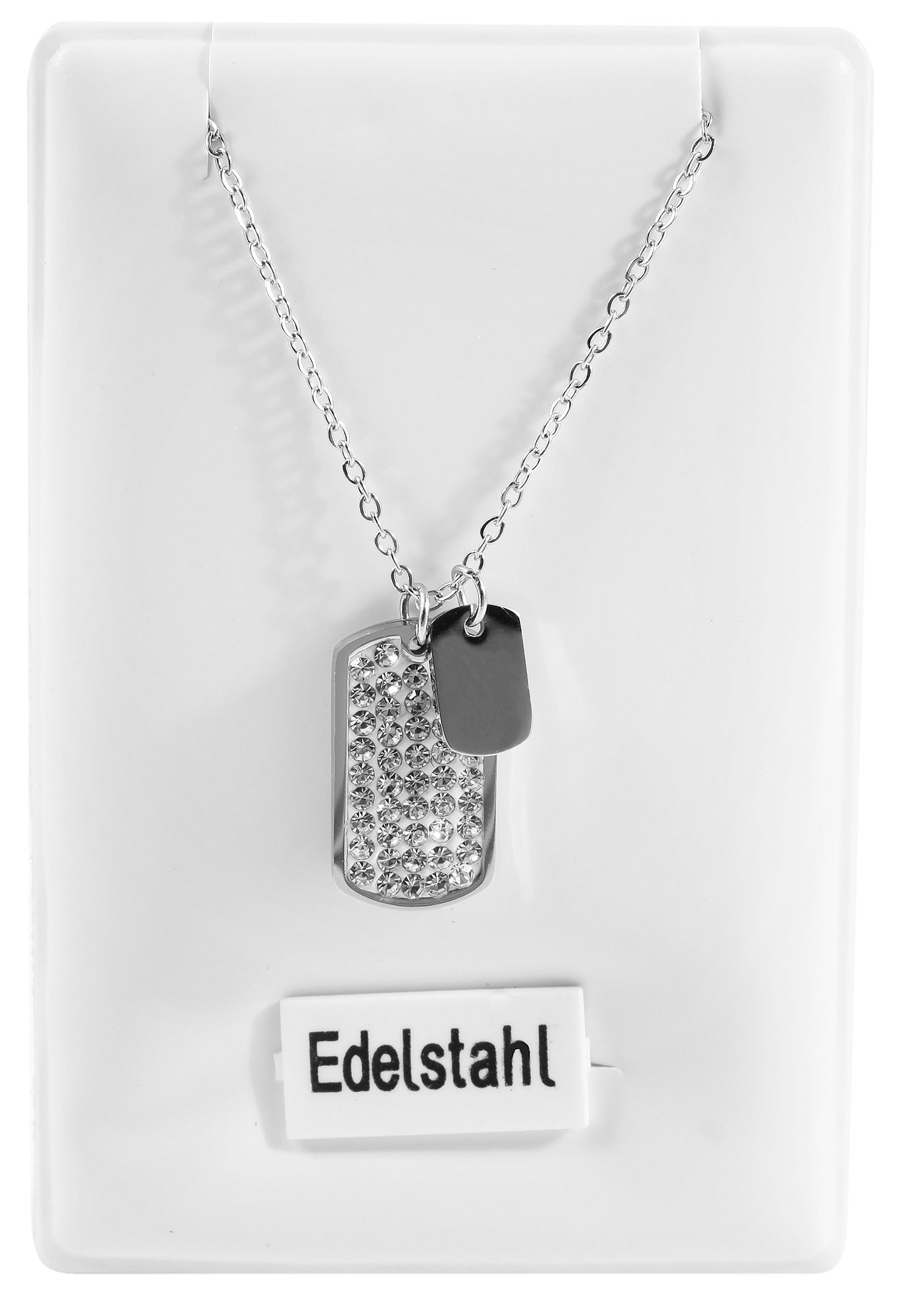 Akzent Ankerkette mit DogTag-Anhänger, Edelstahl, Similibesatz, silberfarben