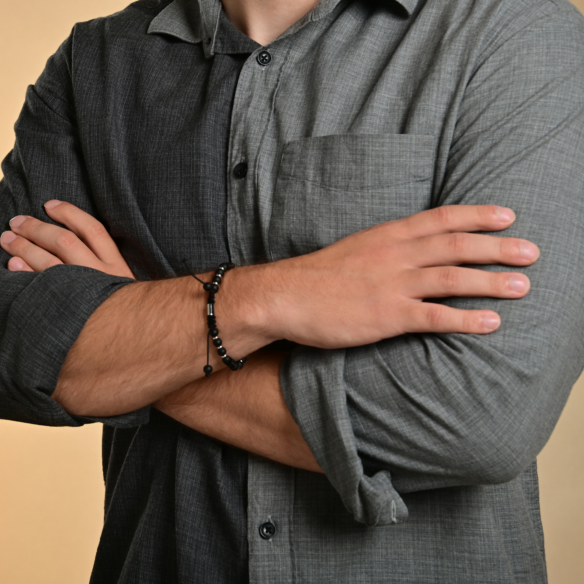 "Sten", Kugelarmband, Edelstahl & Onyx, Schiebeknoten, schwarz, 19 cm