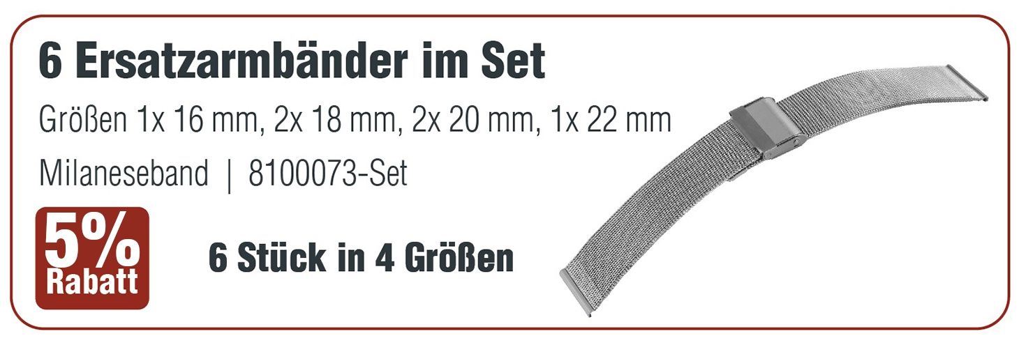Milanese-Uhrenarmband 6 Bänder im Set, silberfarben, 18 mm - 22 mm