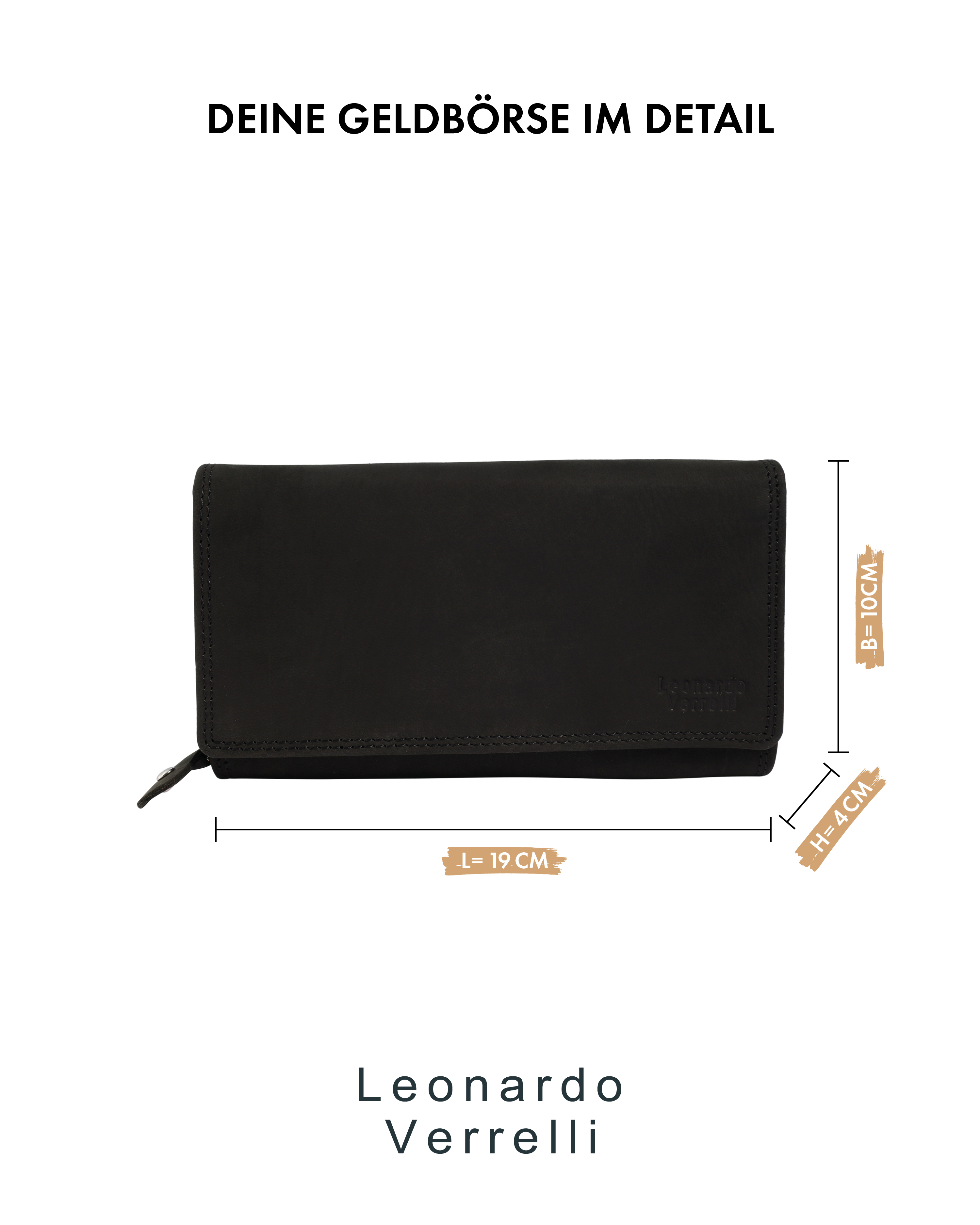 Leonardo Verrelli Echtleder (Hunter) Damen Geldbörse, Querformat, RFID, schwarz
