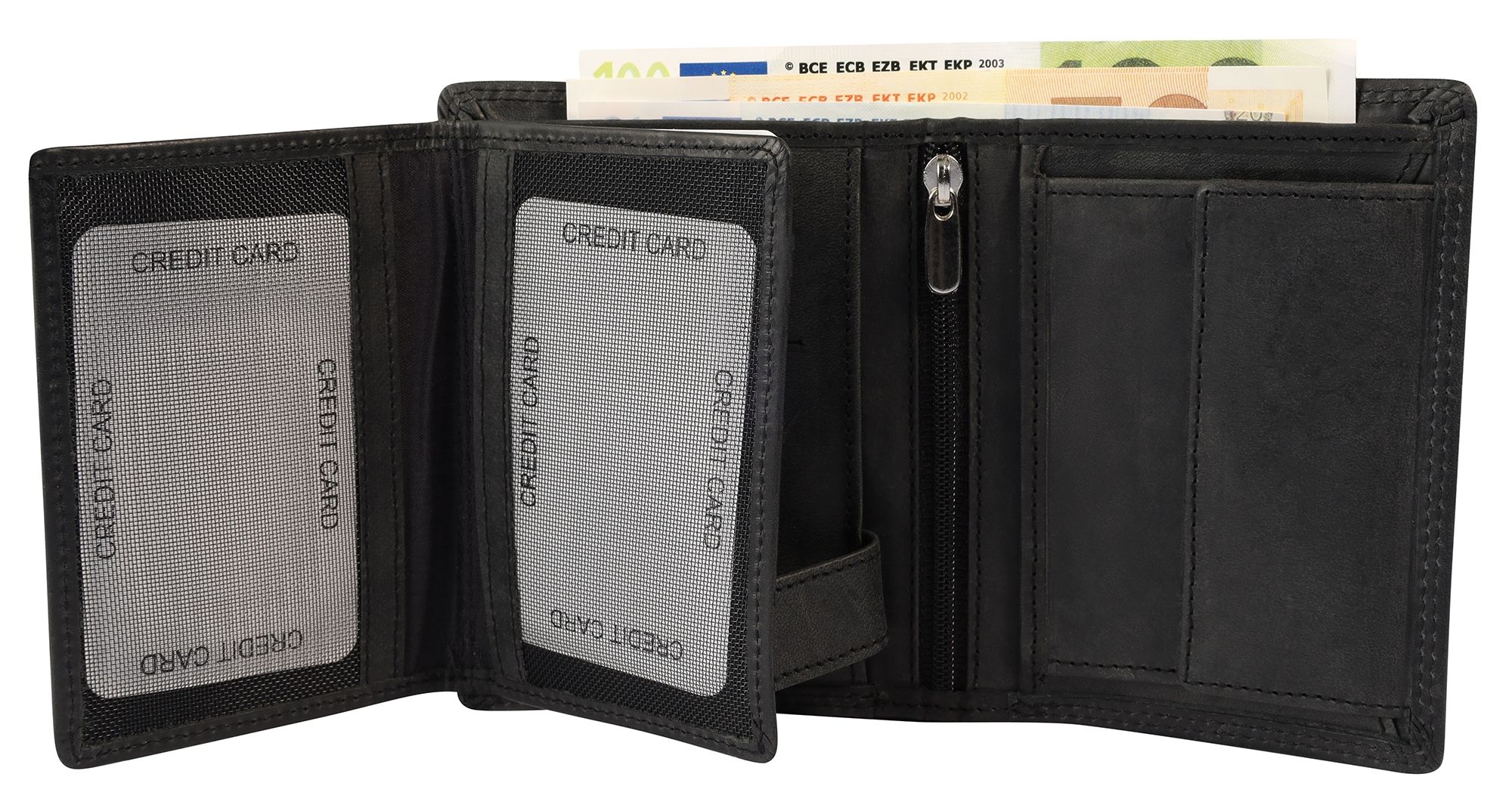 Akzent Echt Leder (Hunter-Leder) Geldbörse, RFID, Hochformat, "Fischer/ Angler", schwarz