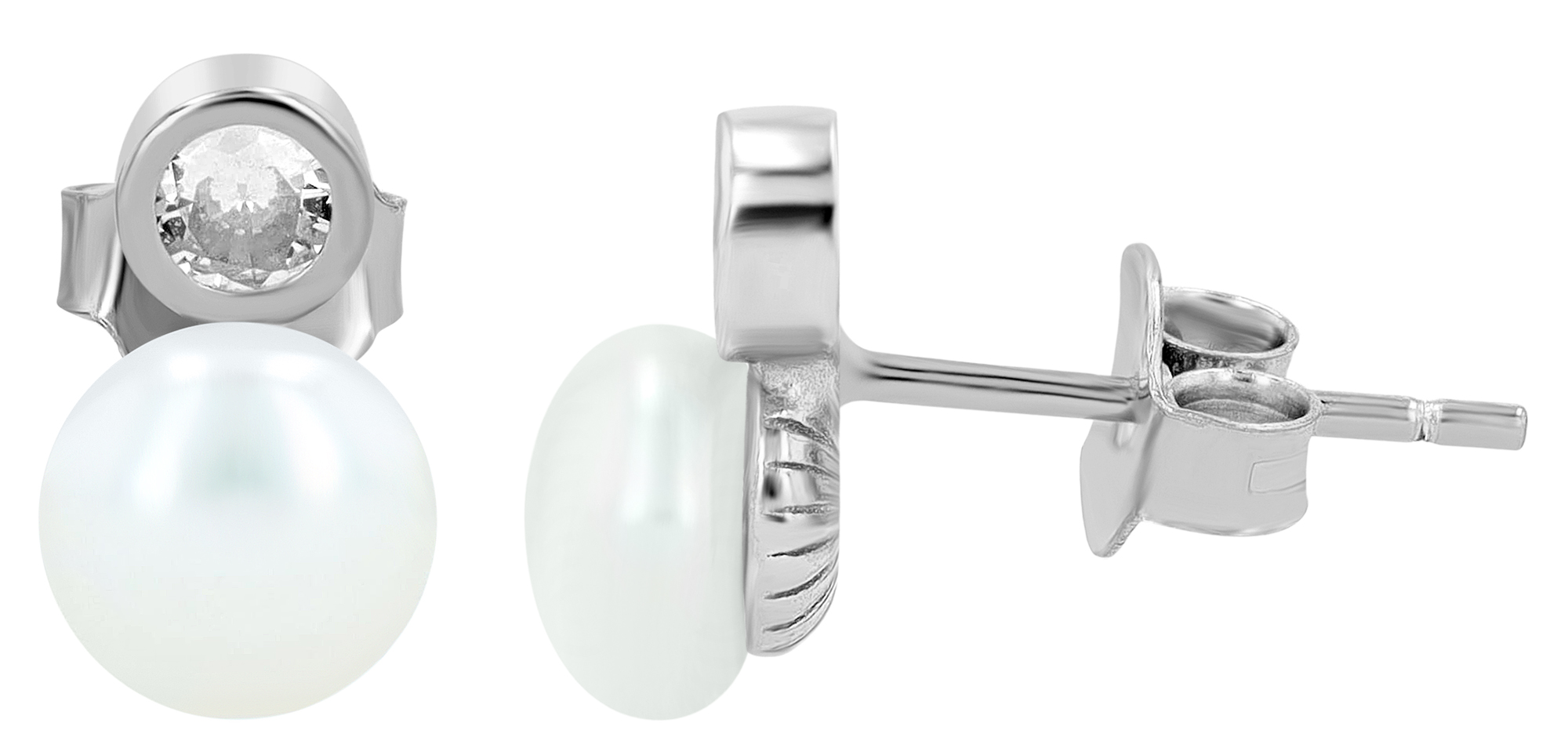 "Arbi" 925/- Echt Silber Ohrstecker, echte Süßwasserperle Ø 6 mm, Zirkonia, rhodiniert
