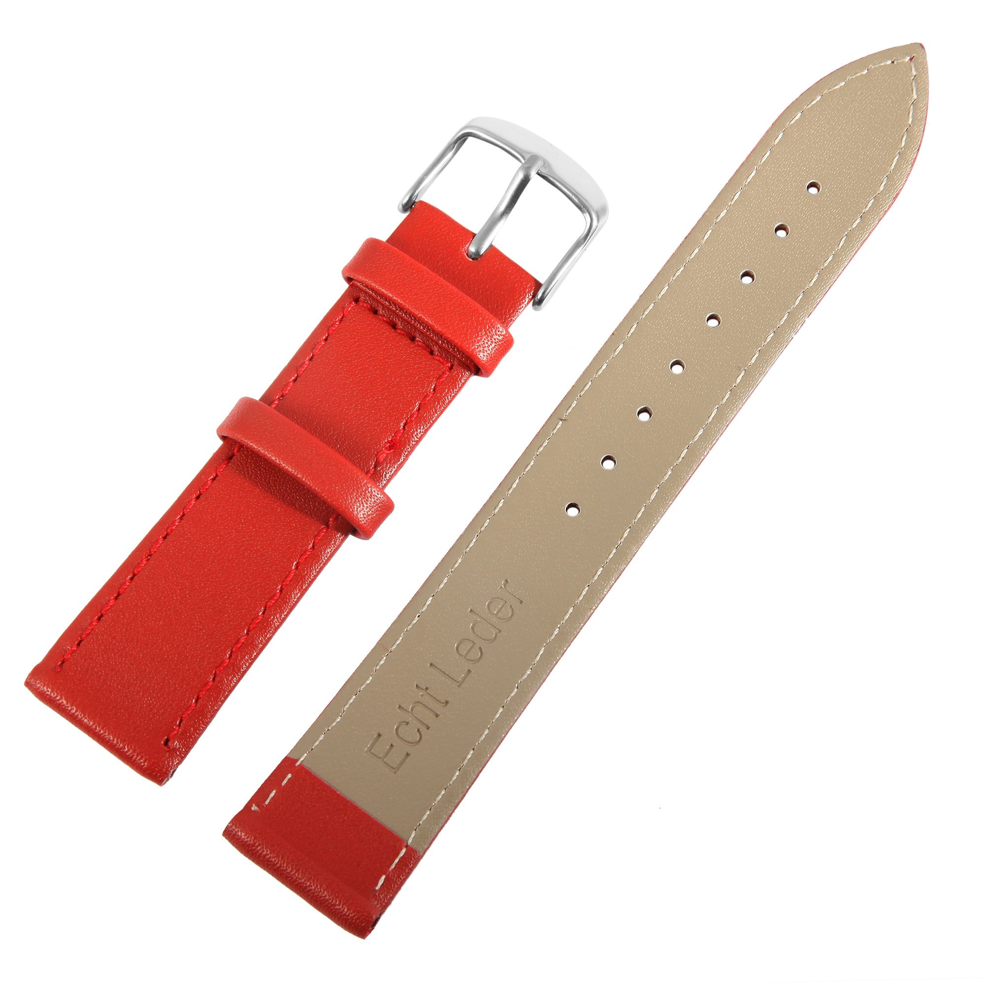 Echtleder-Uhrenarmband, rot/ silberfarben, 20 mm