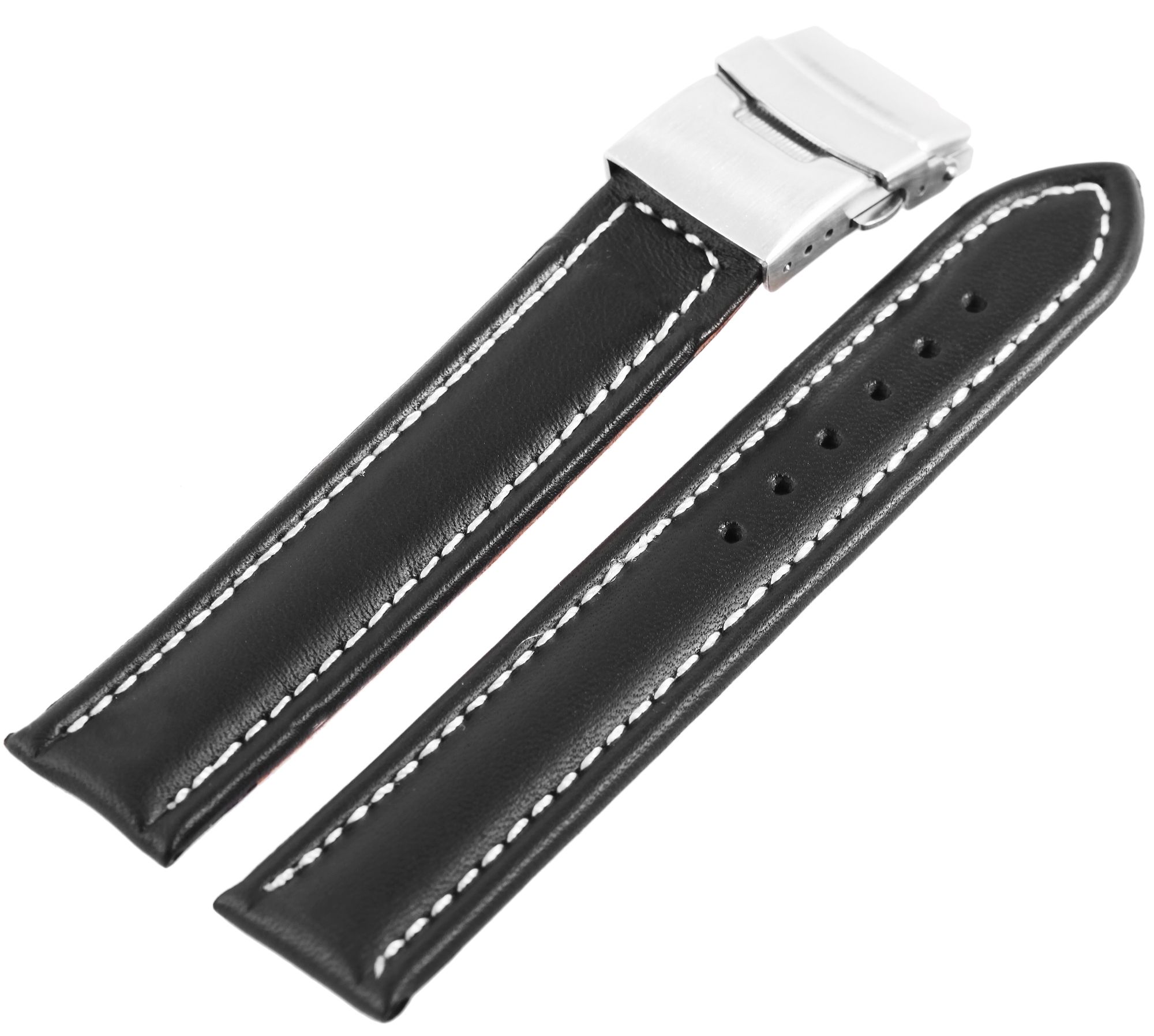 Echtleder-Uhrenarmband, schwarz, weiße Naht, Faltschließe, 16 mm