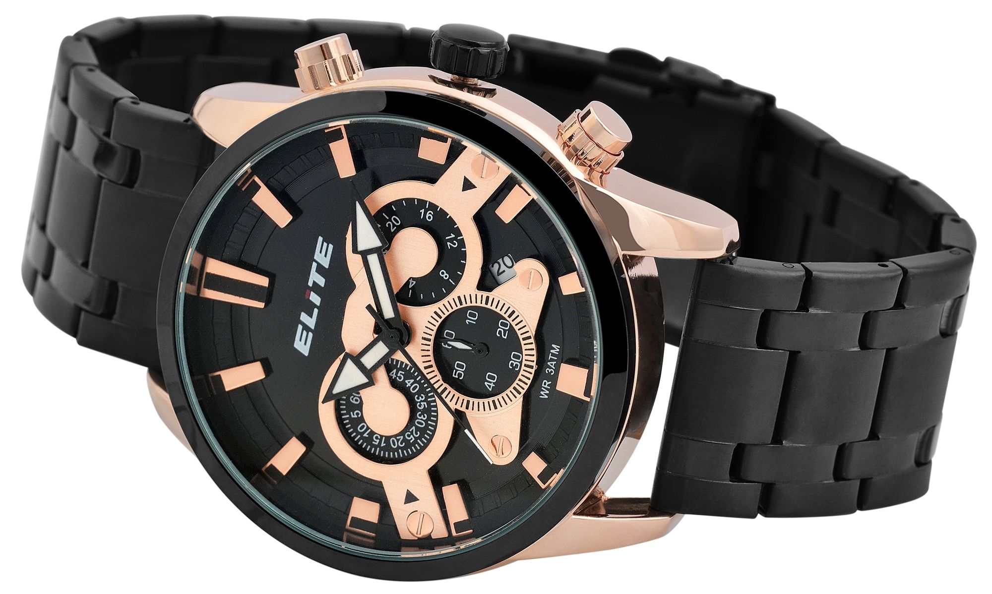 Elite Herren Chronograph mit Metallband, 3ATM, Schwarz/ roségoldfarbig