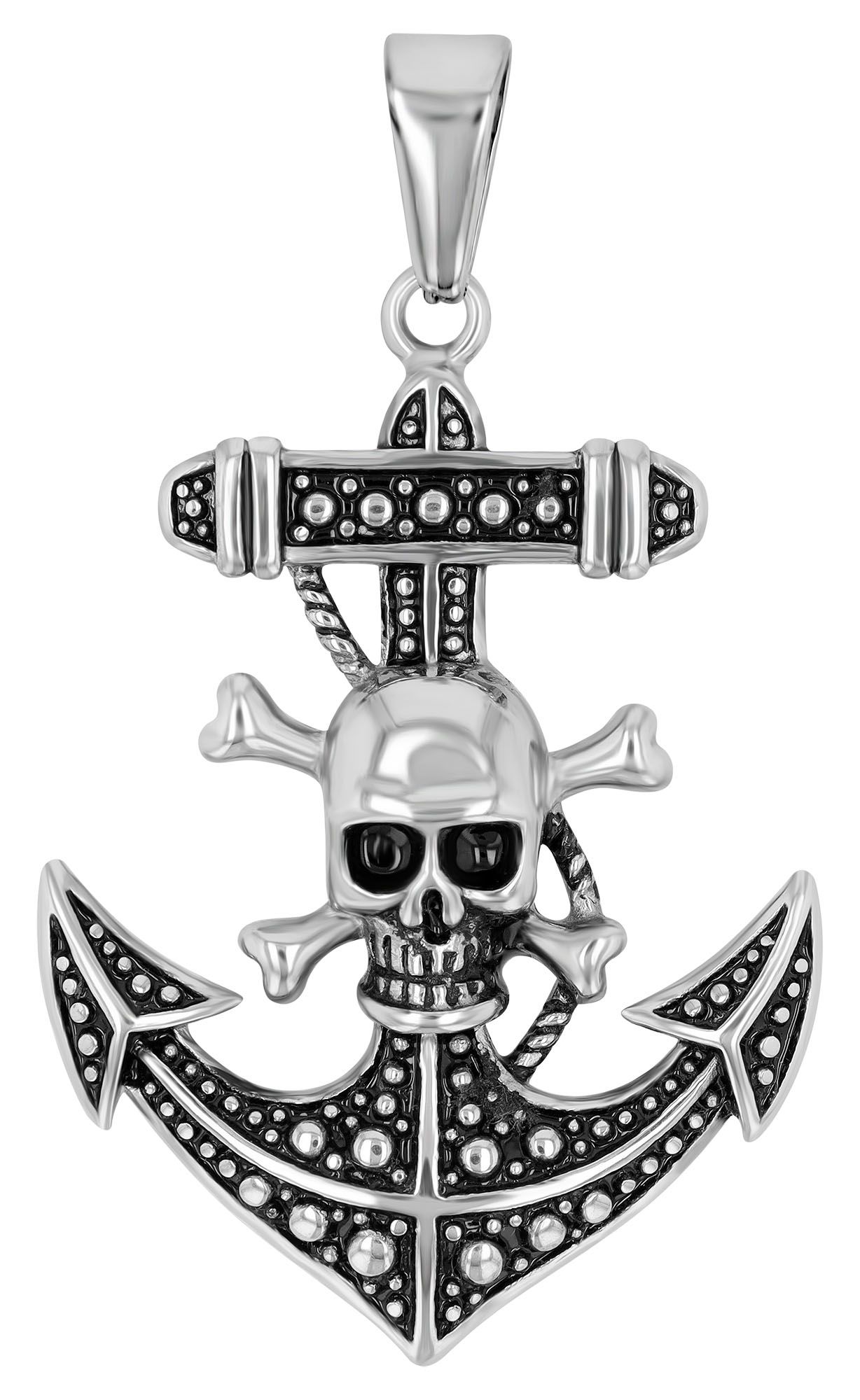 "Merlin" Anhänger aus Edelstahl, Anker mit Totenkopf, silberfarben + geschwärzt