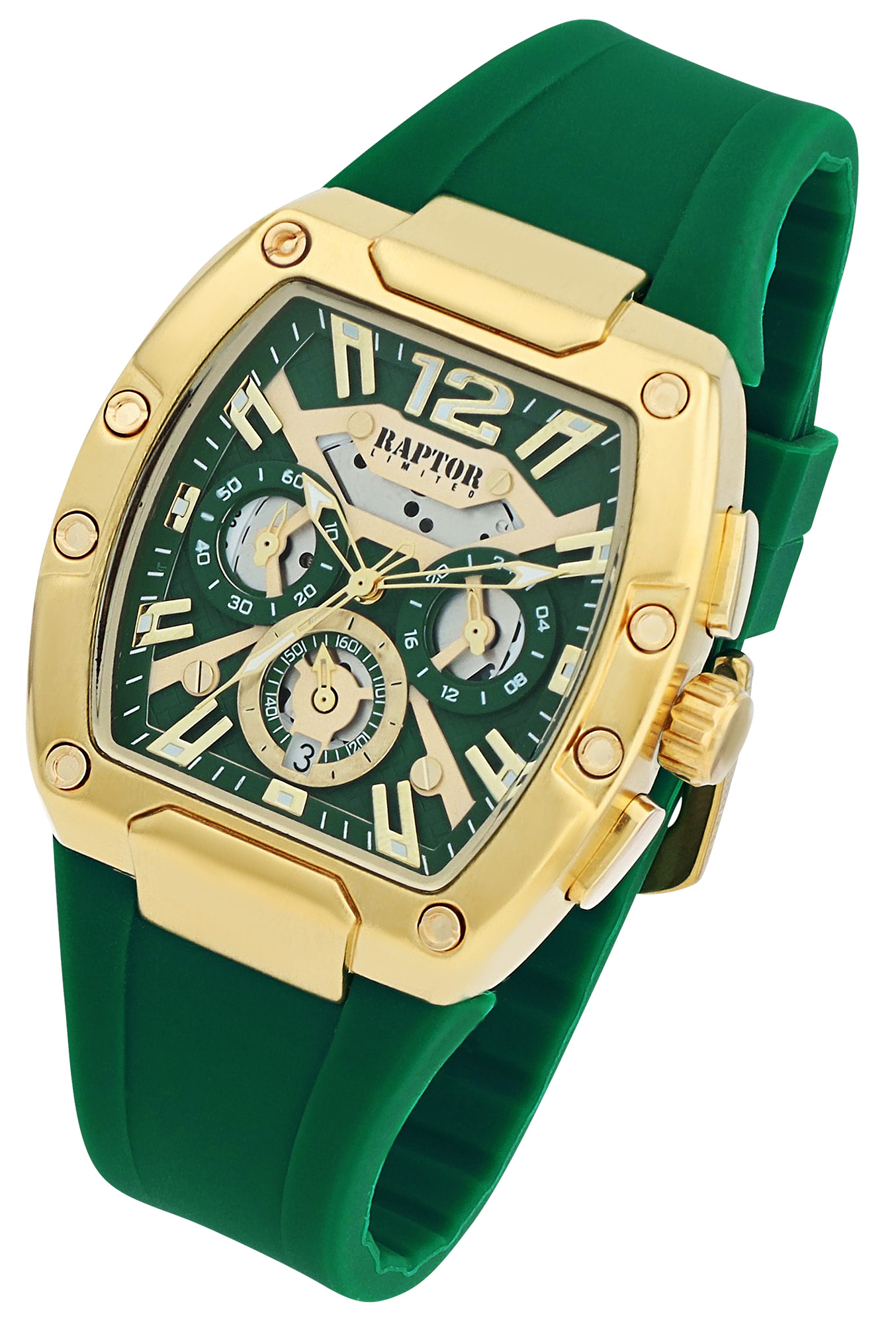 Raptor Limited Herrenuhr "Aldriel", Silikonarmband, Chronograph, grün/ goldfarben