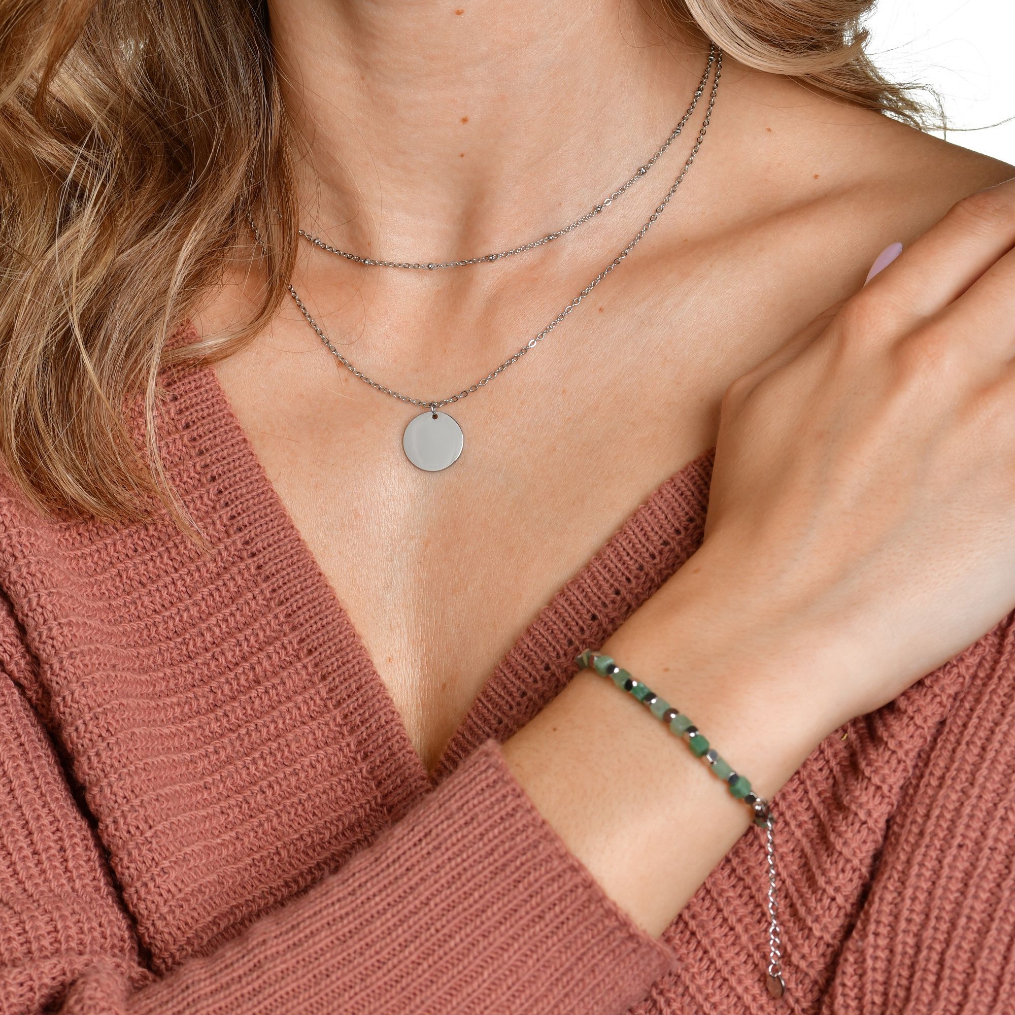 "Trix" Akzent Armband aus Edelstahl & grüner Aventurin, 17 + 3 cm, silberfarben