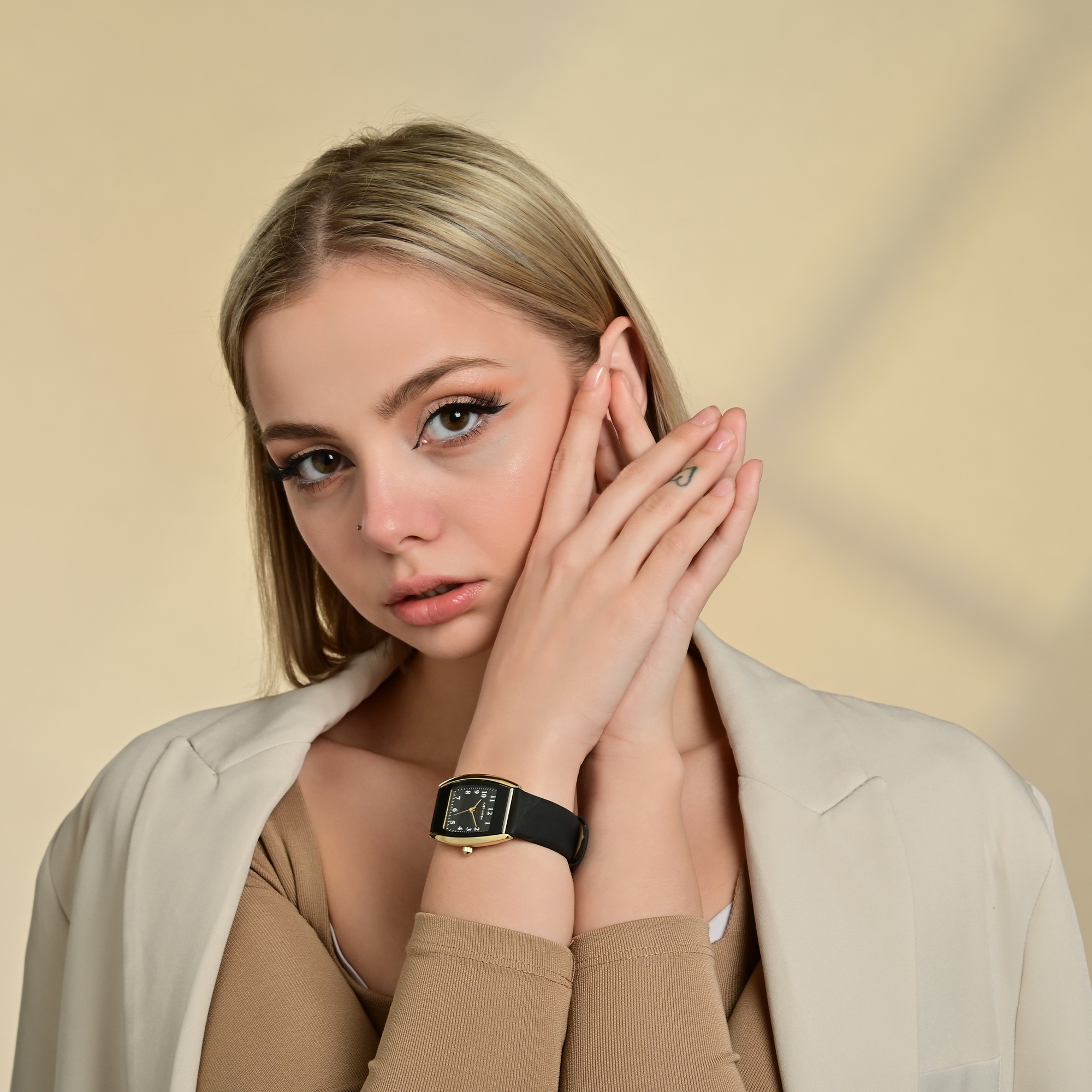 Just Watch Damenuhr mit Echtlederarmband, Tonneau, schwarz/ goldfarben