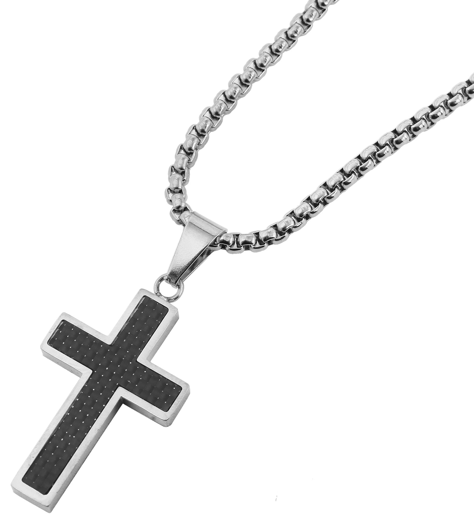 "Julice" Edelstahl Kette mit Anhänger - Kreuz, 61 cm, silberfarbe/ Carbon