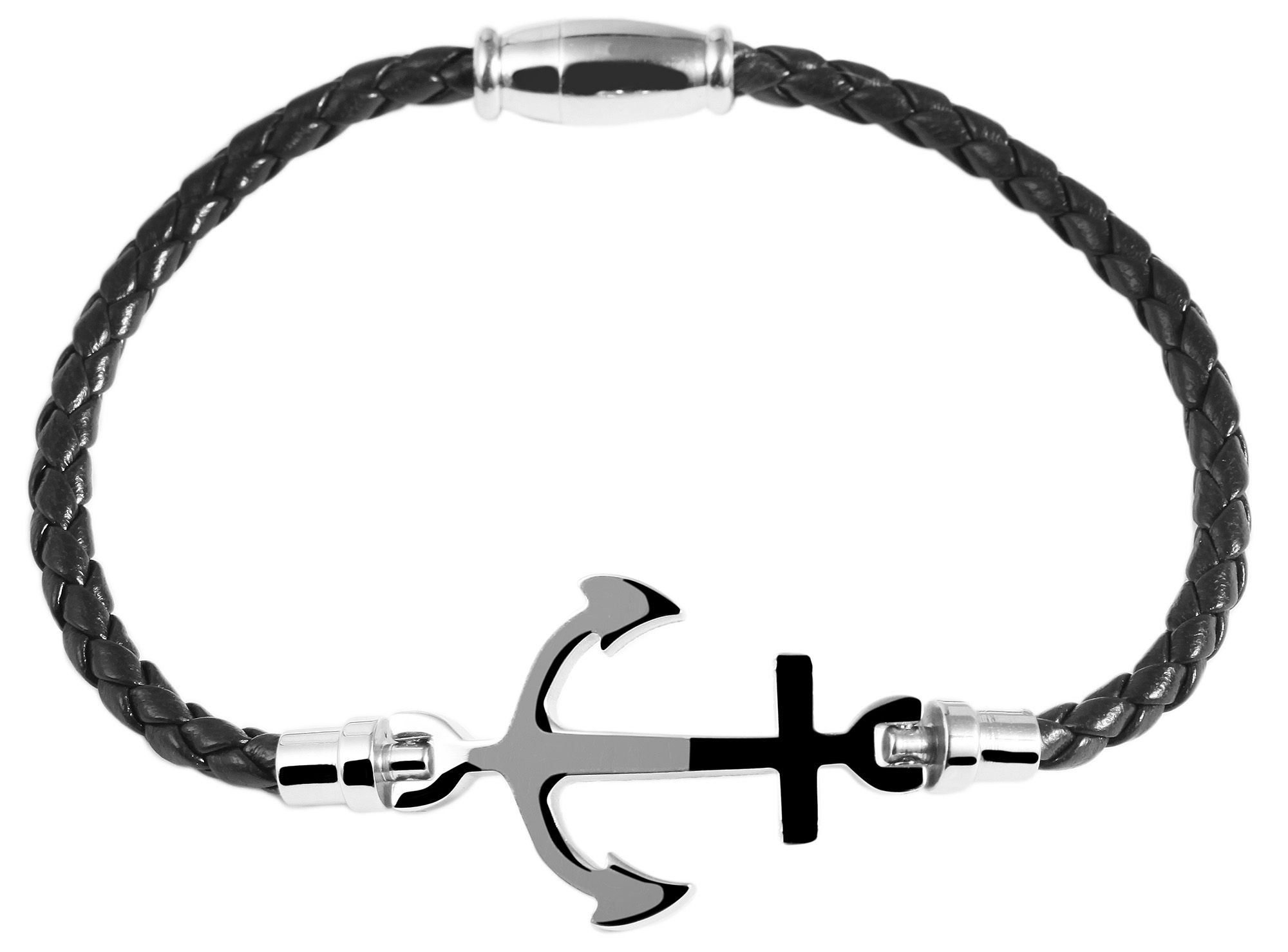 Akzent Echtlederarmband, schwarz, geflochten, mit Edelstahlelement Anker, silberfarben