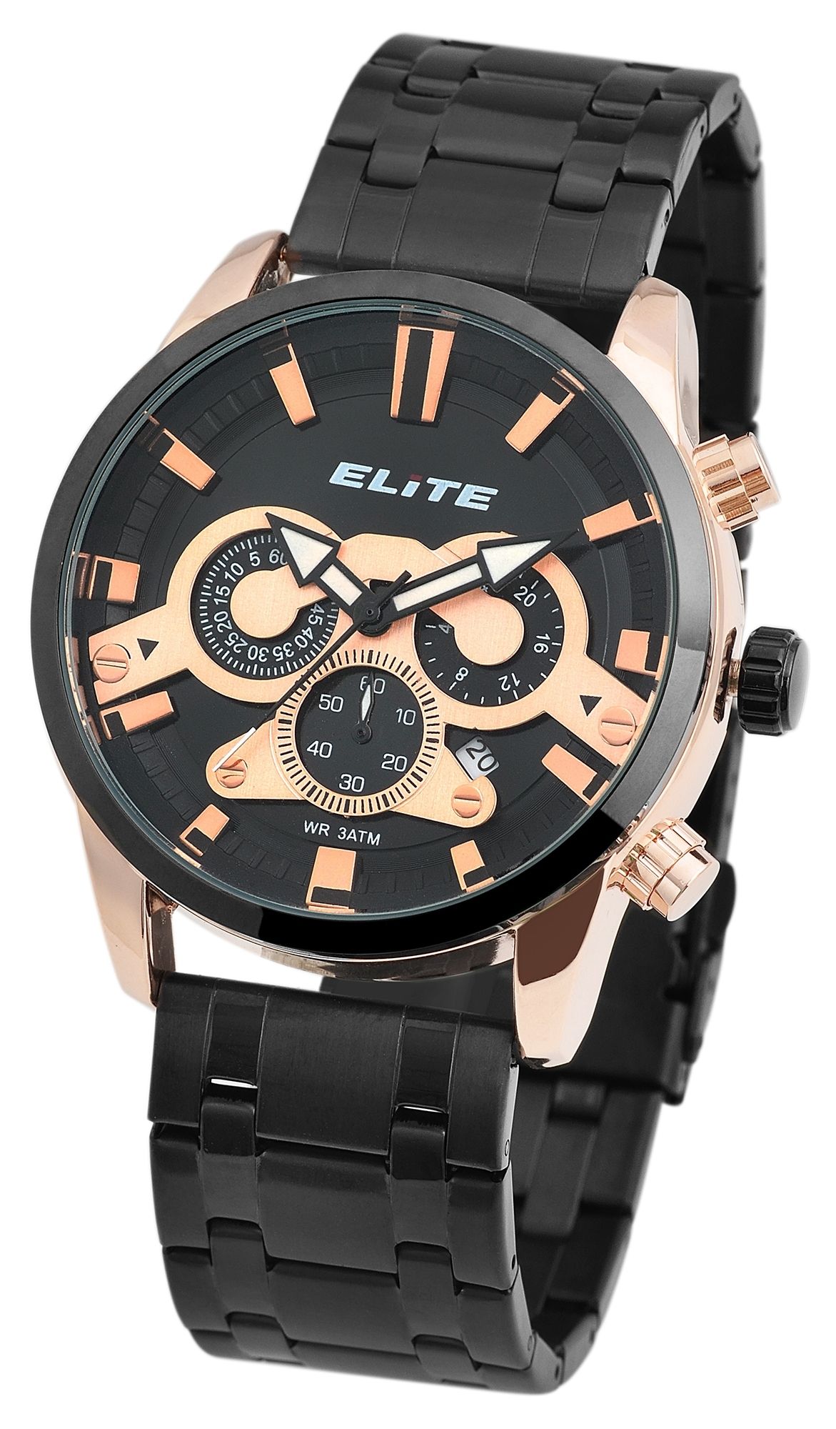 Elite Herren Chronograph mit Metallband, 3ATM, Schwarz/ roségoldfarbig