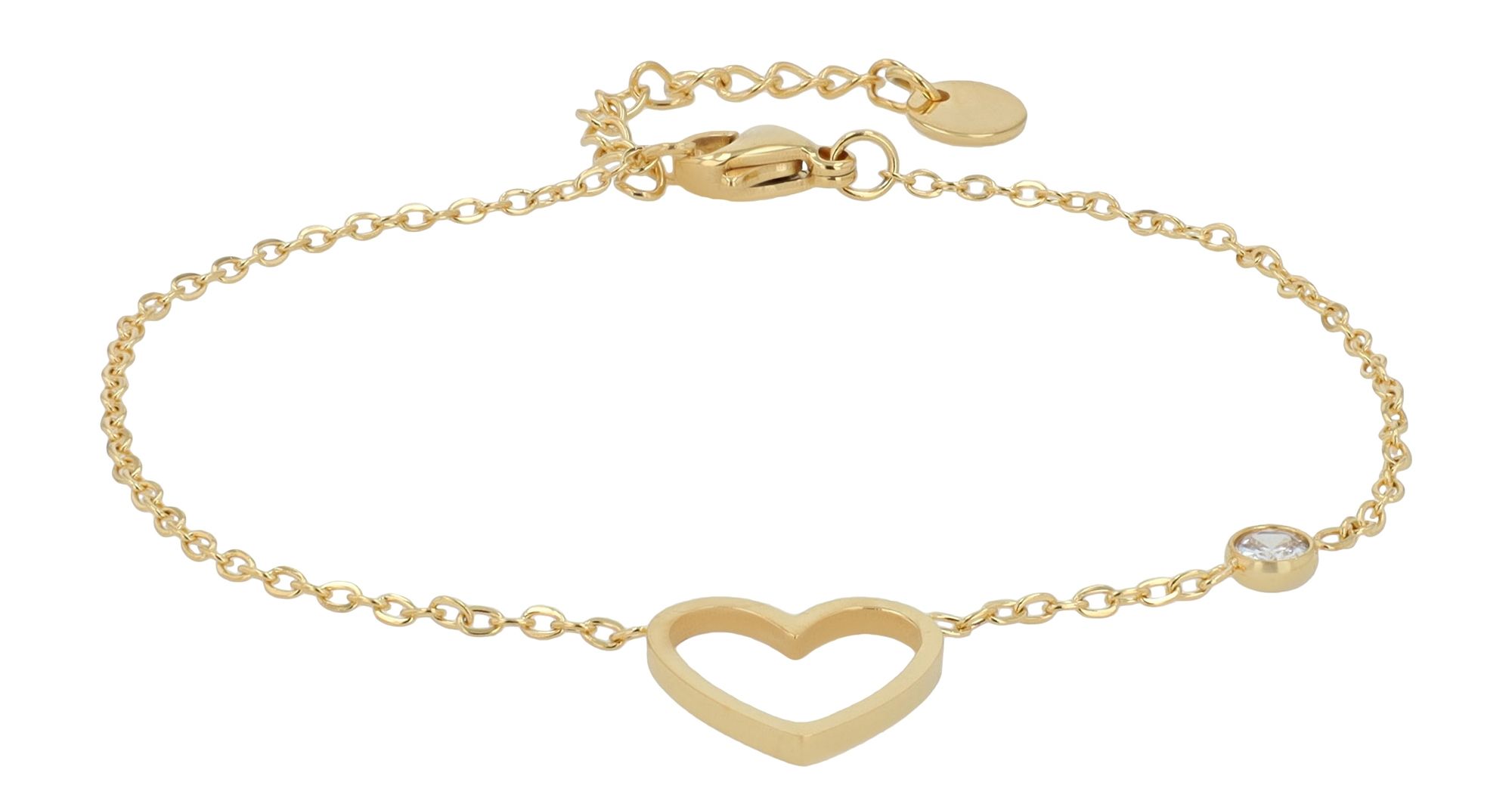 "Anjul" Akzent Armband, Herzanhänger und Zirkonia, Edelstahl, 17 + 3 cm, goldfarben