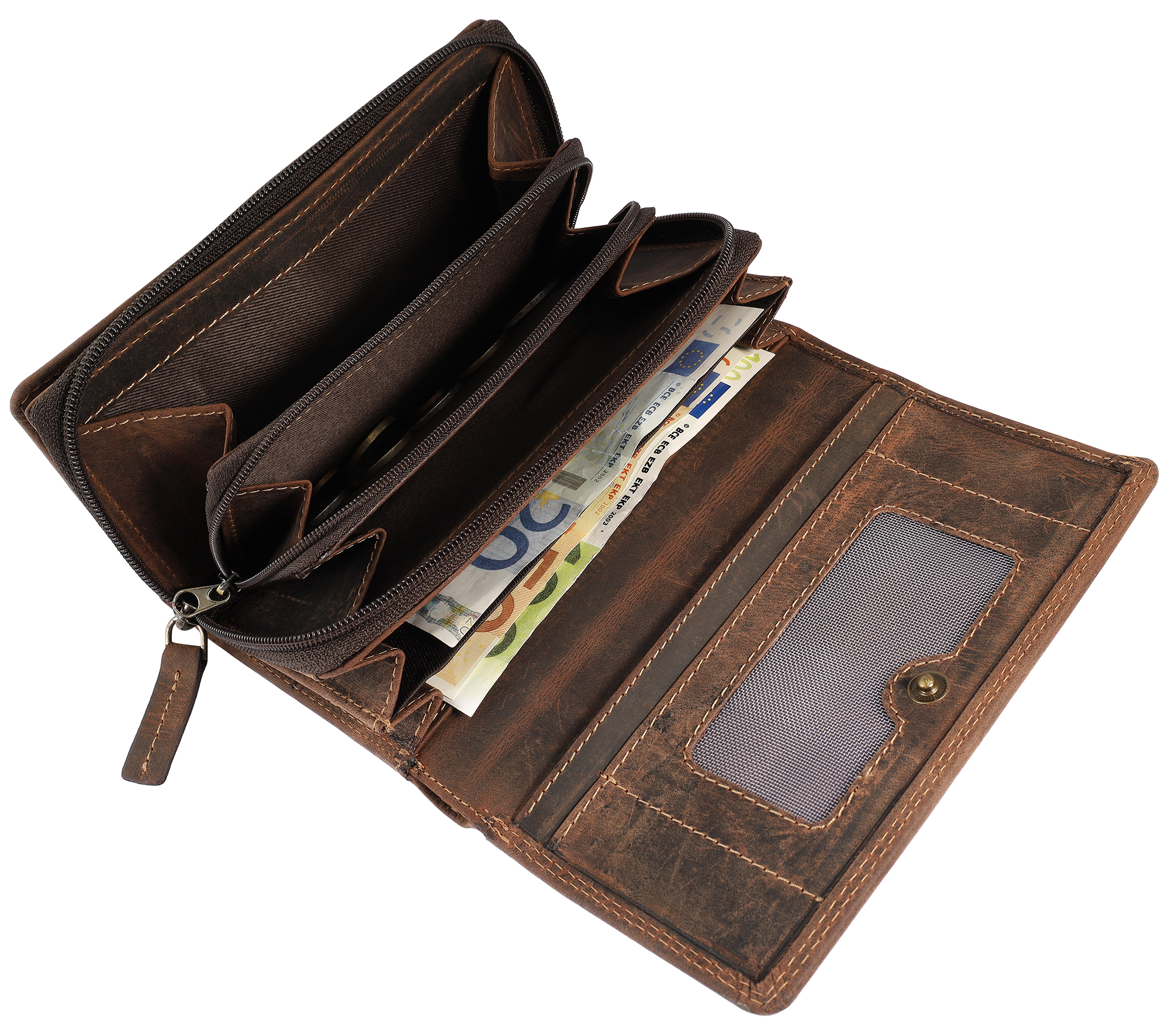 Leonardo Verrelli, Echtleder (Vintage) Damen Geldbörse, länglich & RFID, dunkelbraun