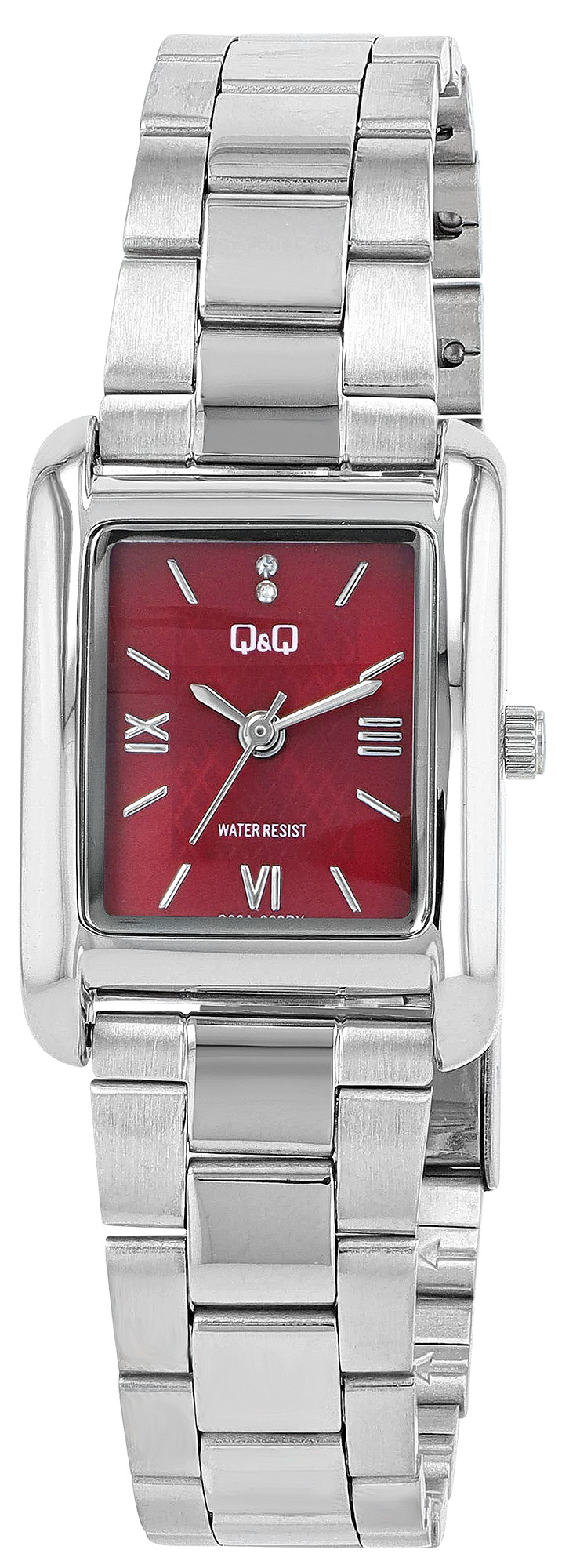 Q&Q Damenuhr (rechteckiges Gehäuse 30 × 22 mm), Edelstahlband, silberfarben/ rot