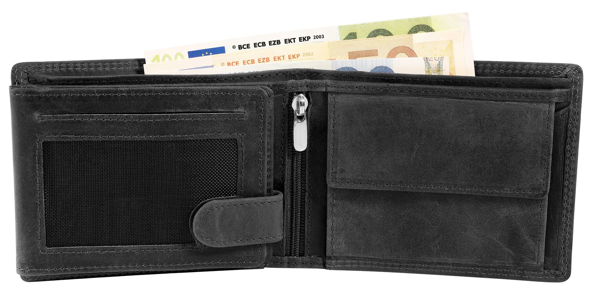 Akzent Echt Leder (Hunter-Leder) Geldbörse, RFID, Querformat, "Totenkopf", schwarz