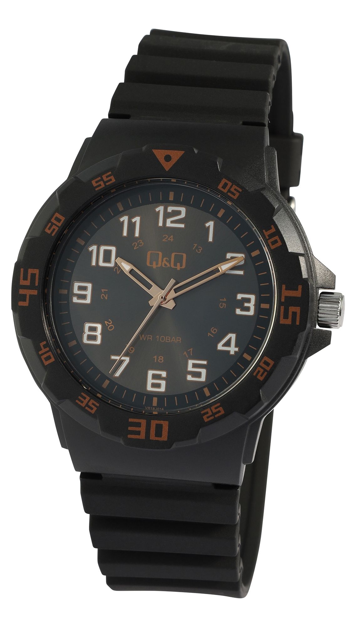 Q&Q Herrenuhr, Kunststoff, Silikonarmband, Ø 43 mm, schwarz/ braune Details