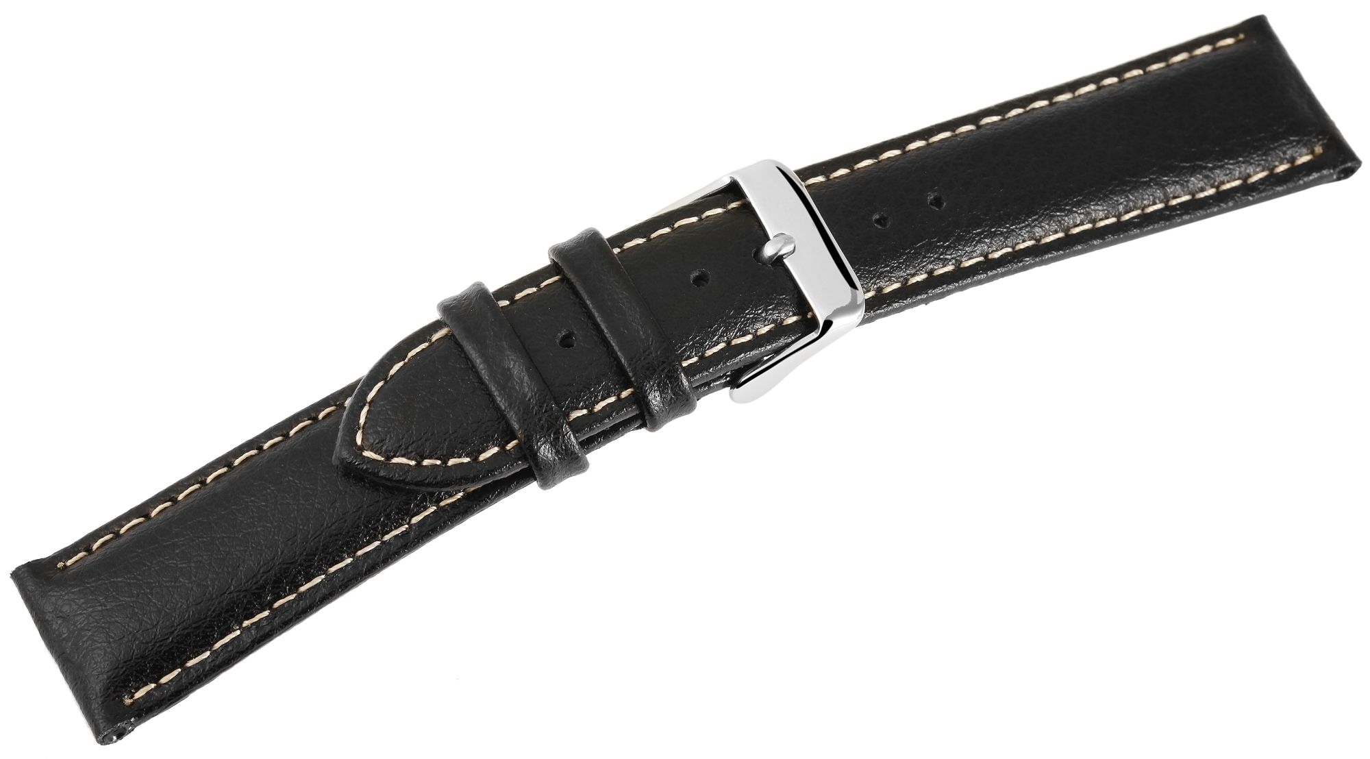 Echtleder Uhrenarmband, Edelstahl Dornschließe, schwarz mit weißer Naht, 18 mm