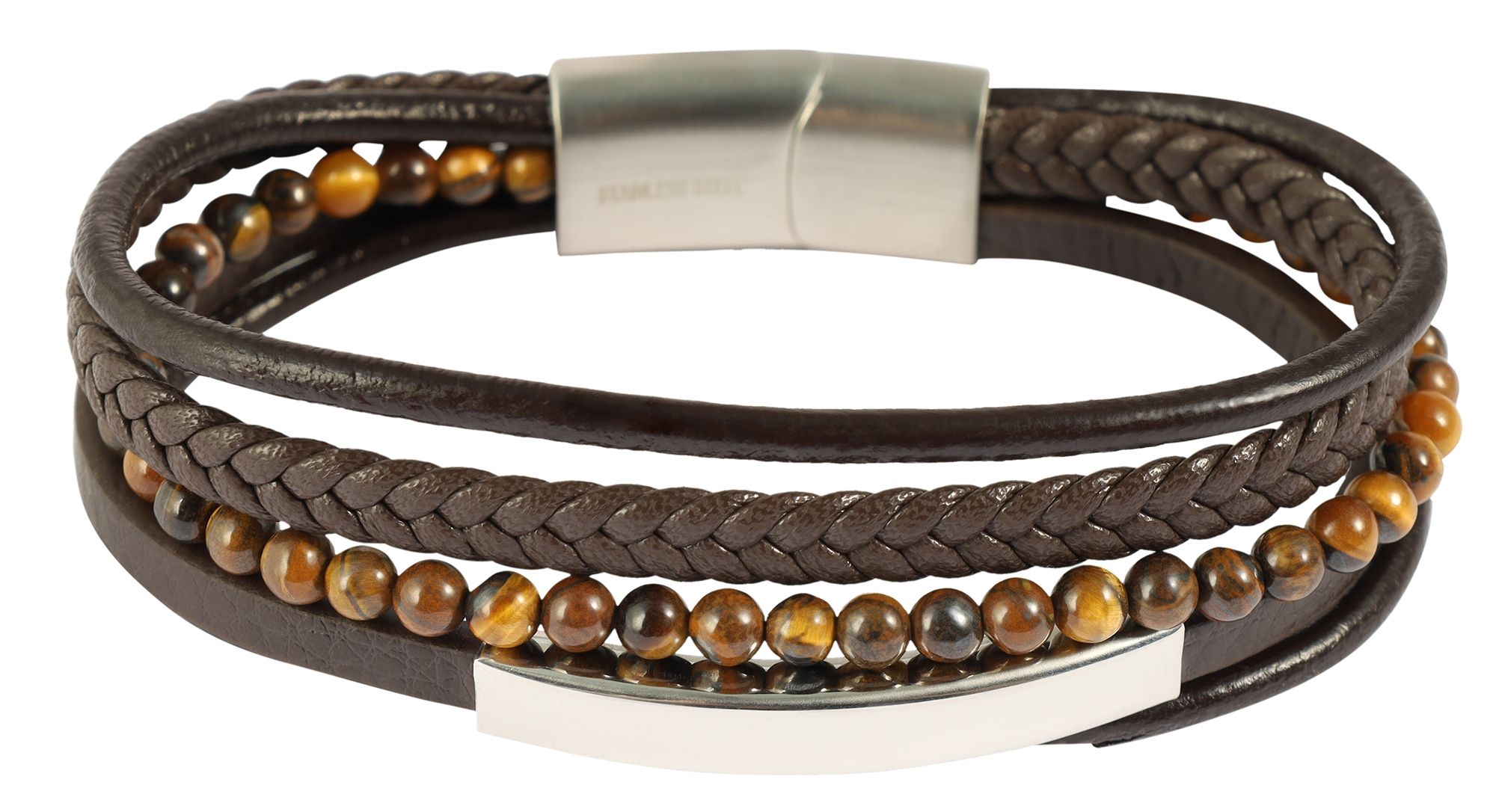 "Nye" 17 cm, Armband aus Lederimitat mit braunem Tigerauge und Gravurplatte, VE-4