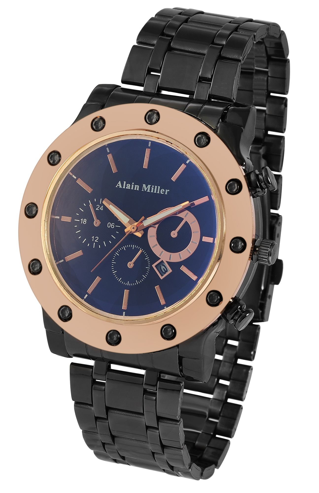 Alain Miller Herrenuhr mit Edelstahlband, schwarz/ rosegoldfarbig