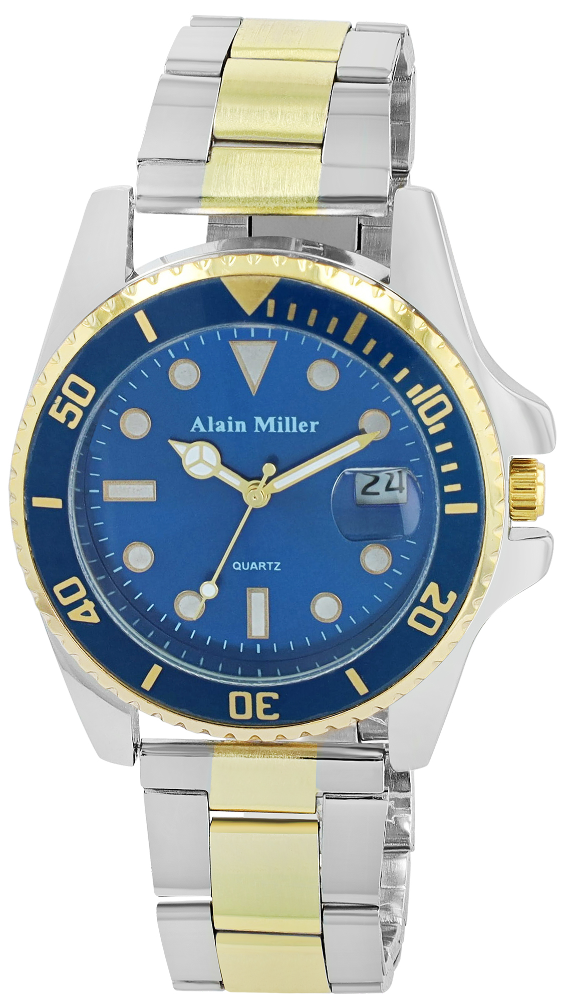 Alain Miller Herrenuhr mit Edelstahlarmband, Ø 39 mm, bicolor/ blau