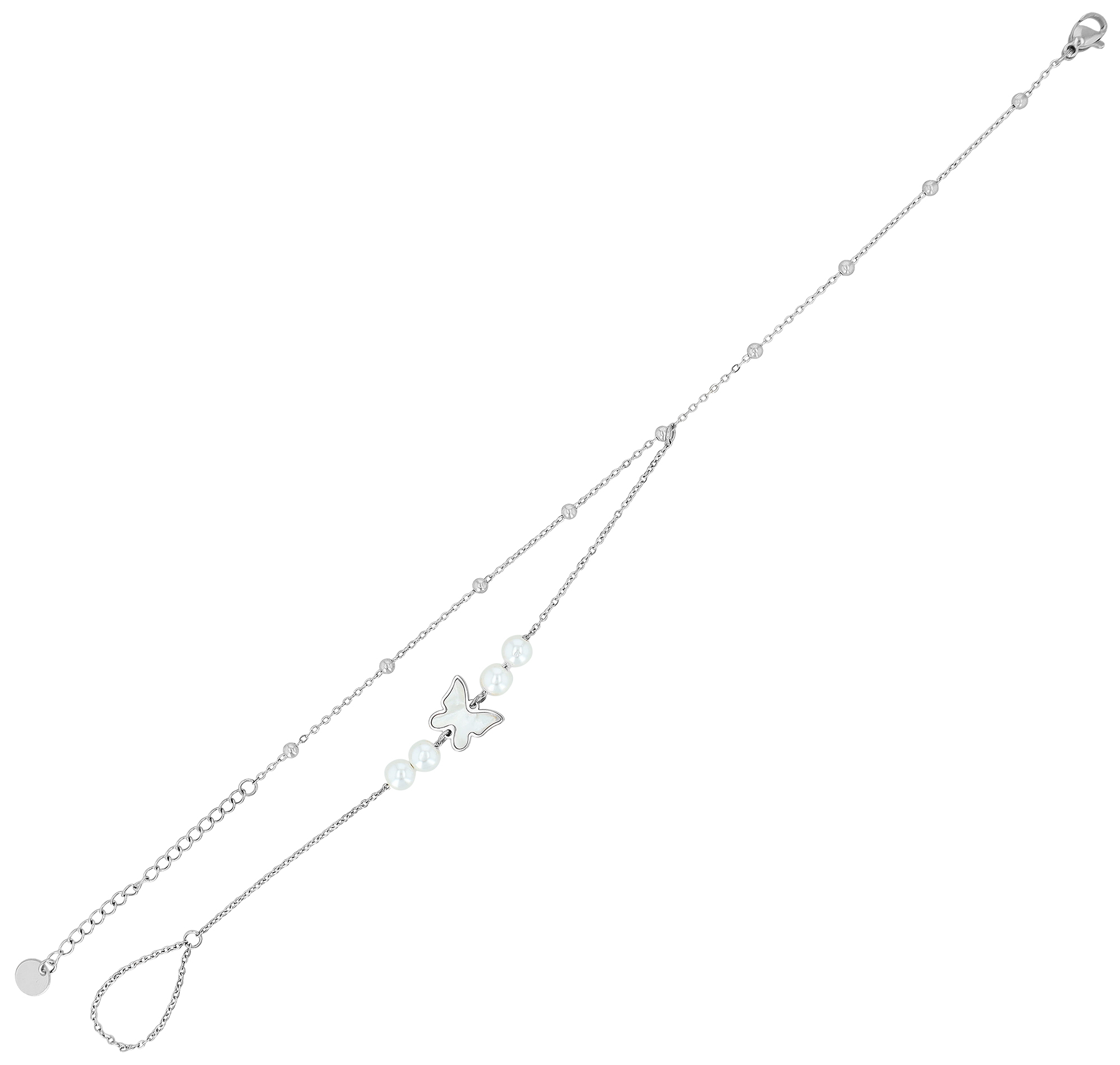 "Daisy" Fußkette mit Zehenring, Schmetterling und Perlen, silberfarben, 21 + 5 cm