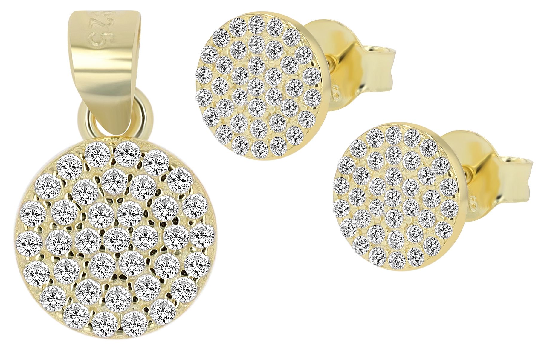 "Niha" 925/- Echt Silber Schmuckset - Plättchen Ohrstecker + Anhänger, Zirkonia, vergoldet
