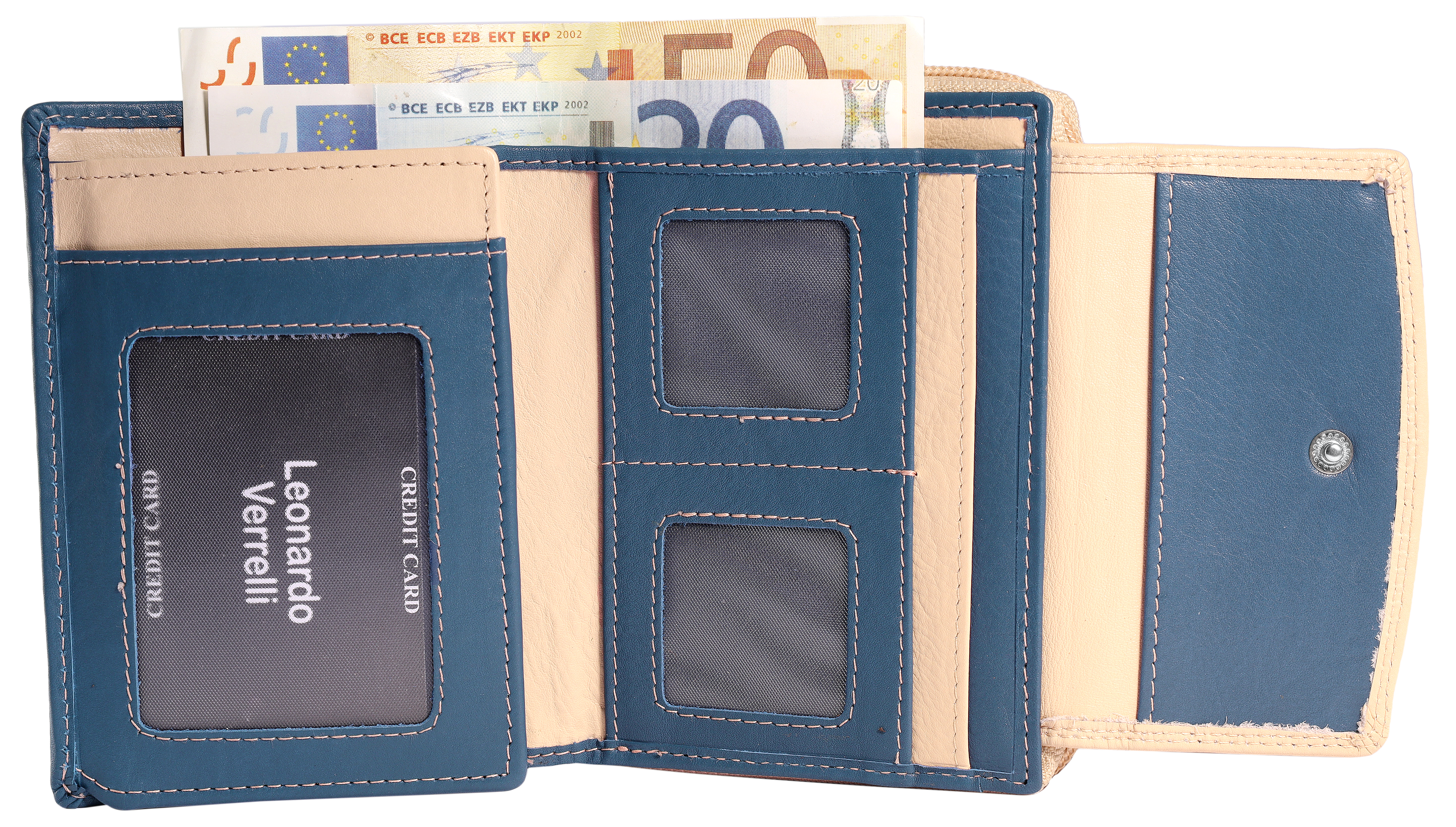 Leonardo Verrelli Echtleder (Nappa) Damen Geldbörse, RFID, Querformat, blau/ beige