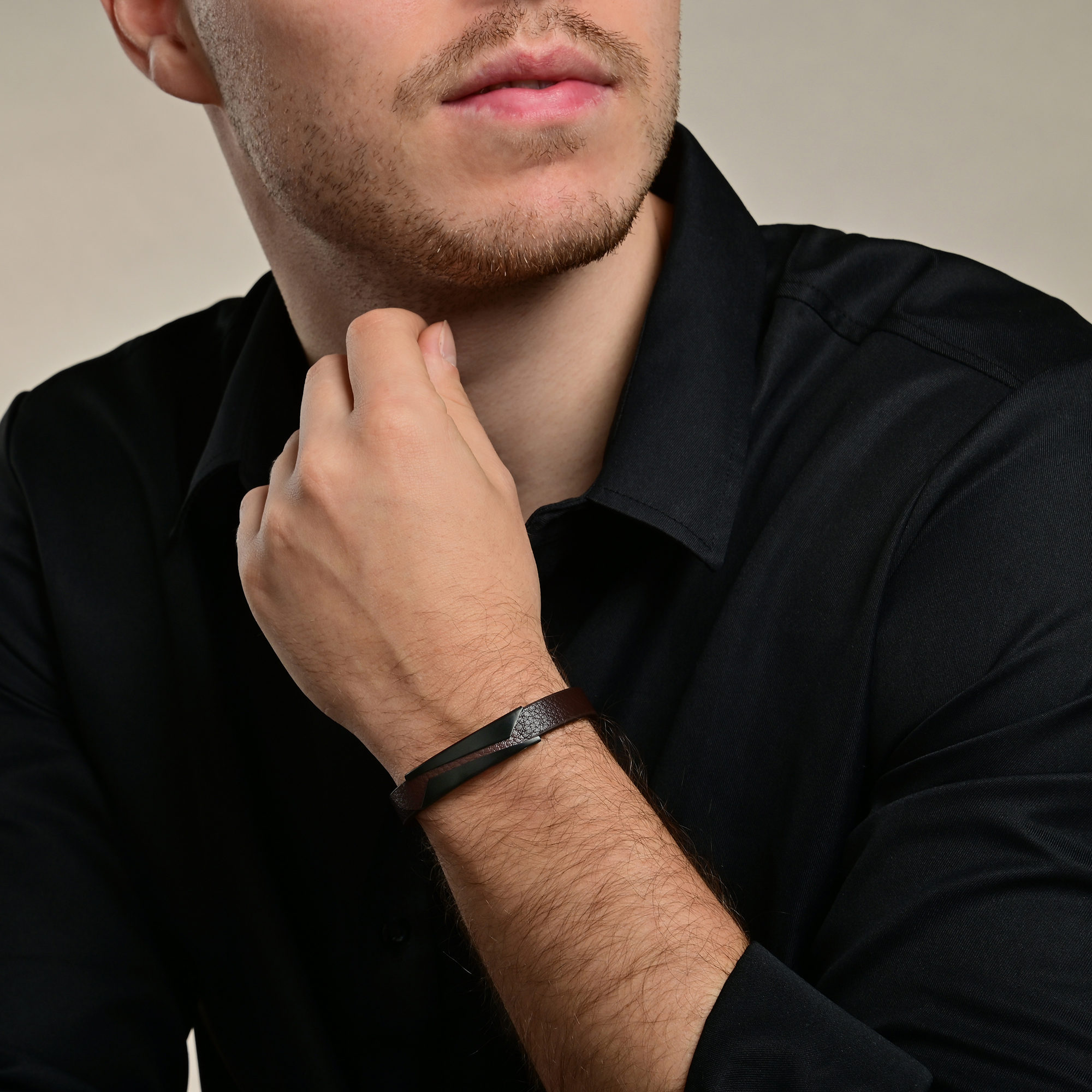"Ledi", Akzent Echtlederarmband mit Edelstahlelement, braun/schwarz